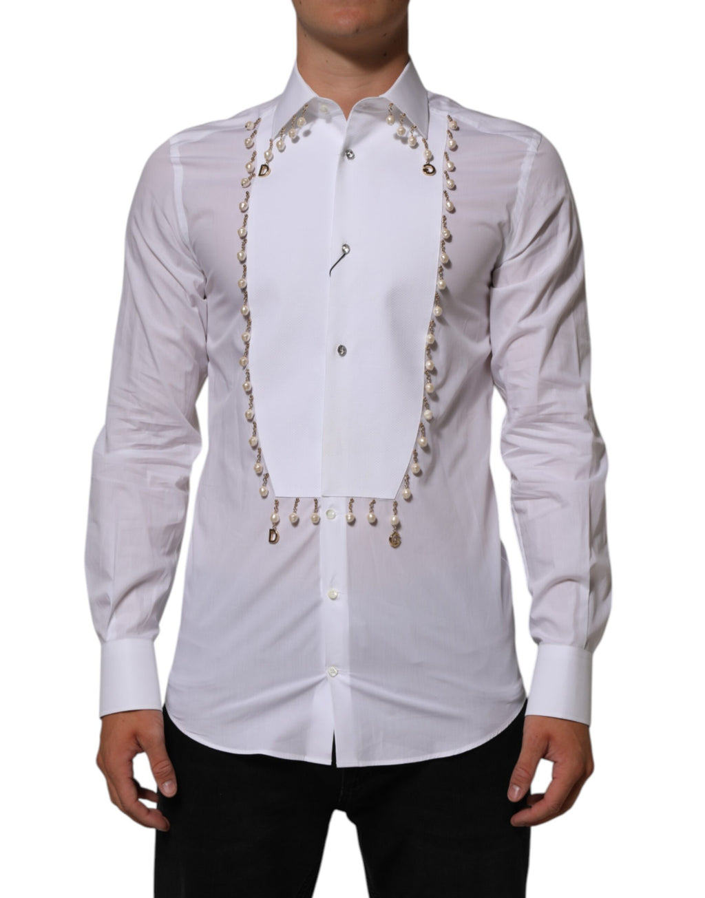 Chemise Formelle Dolce & Gabbana en Coton Blanc avec Logo DG et Perles Dorées