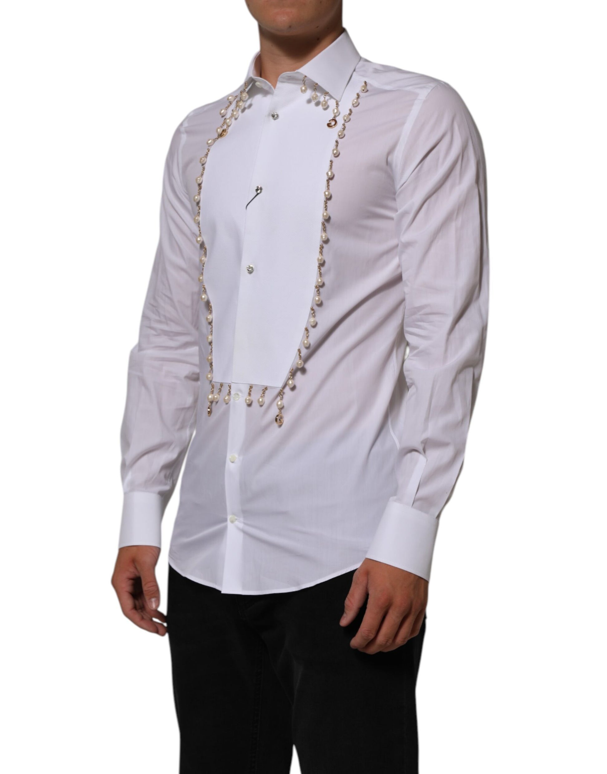 Chemise Formelle Dolce & Gabbana en Coton Blanc avec Logo DG et Perles Dorées