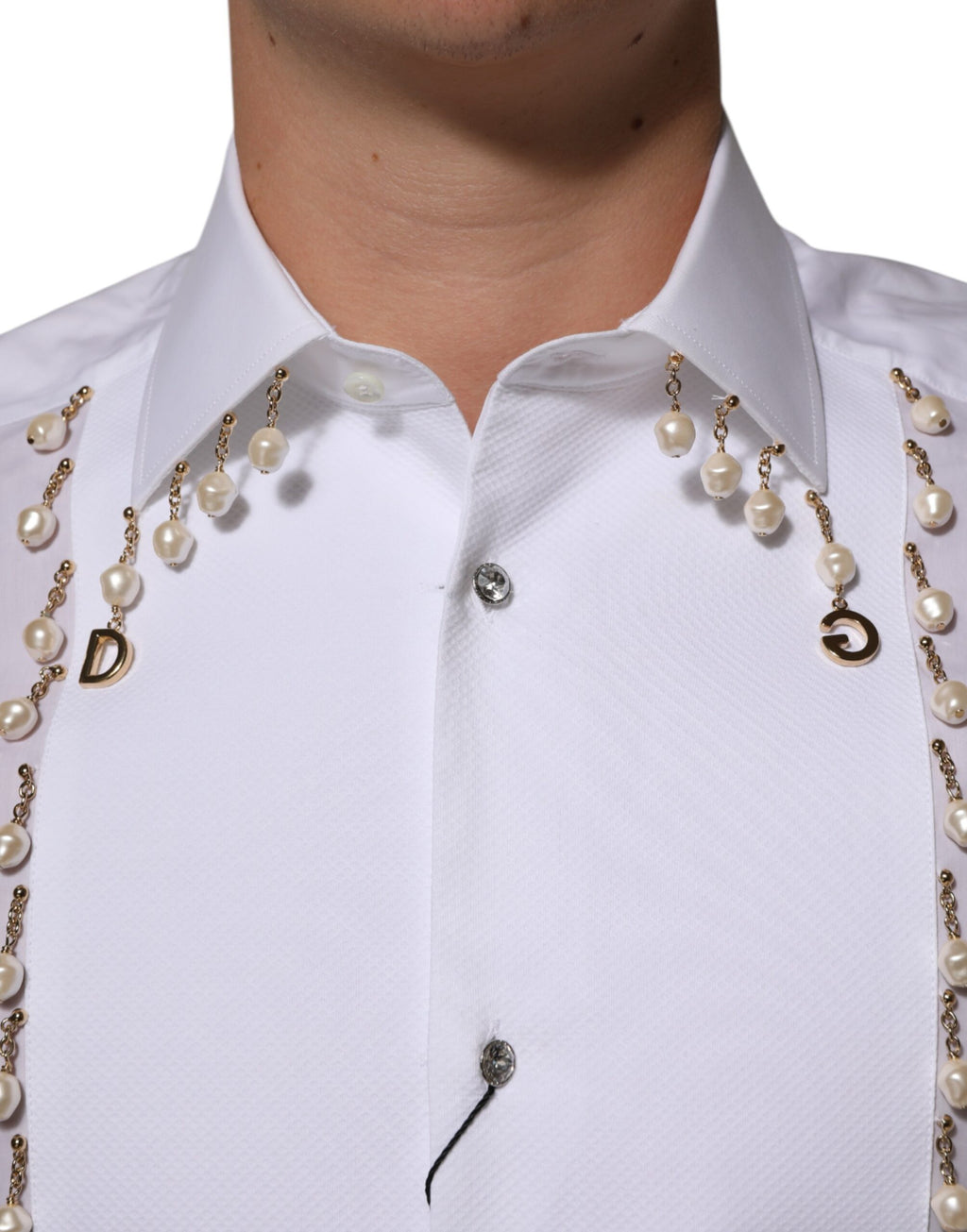 Chemise Formelle Dolce & Gabbana en Coton Blanc avec Logo DG et Perles Dorées