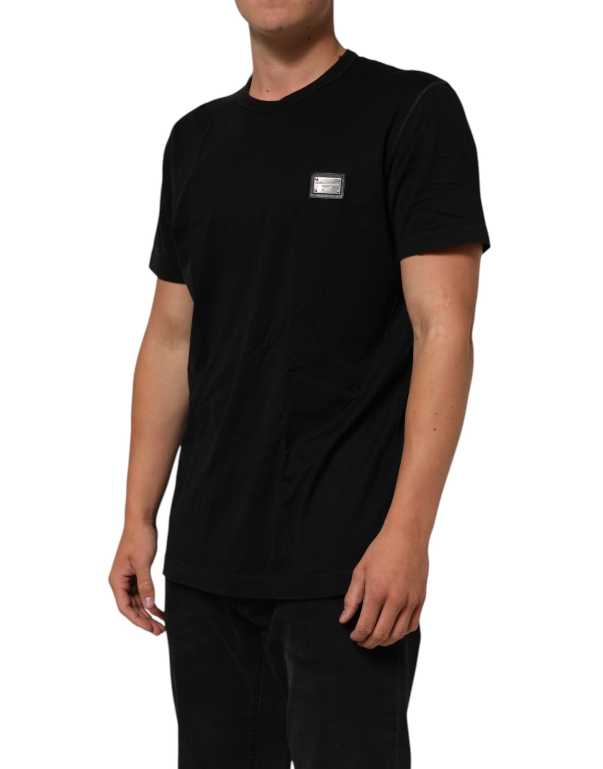 Dolce & Gabbana Black Logo Plaque Cotton Crew Neck T-shirt
