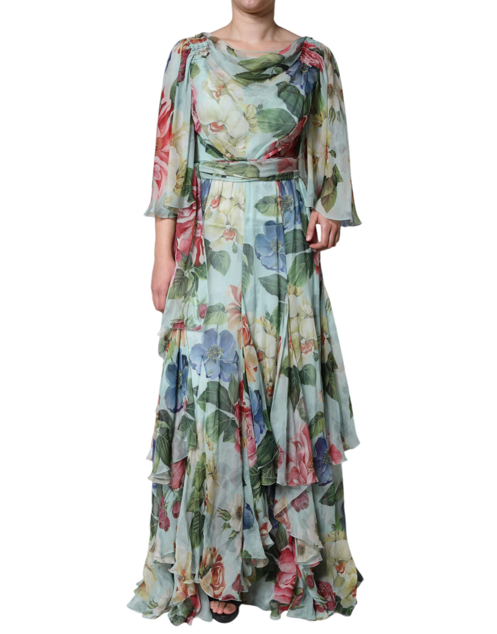 Dolce & Gabbana Maxikleid mit blauem Blumenmuster und Stufenrock