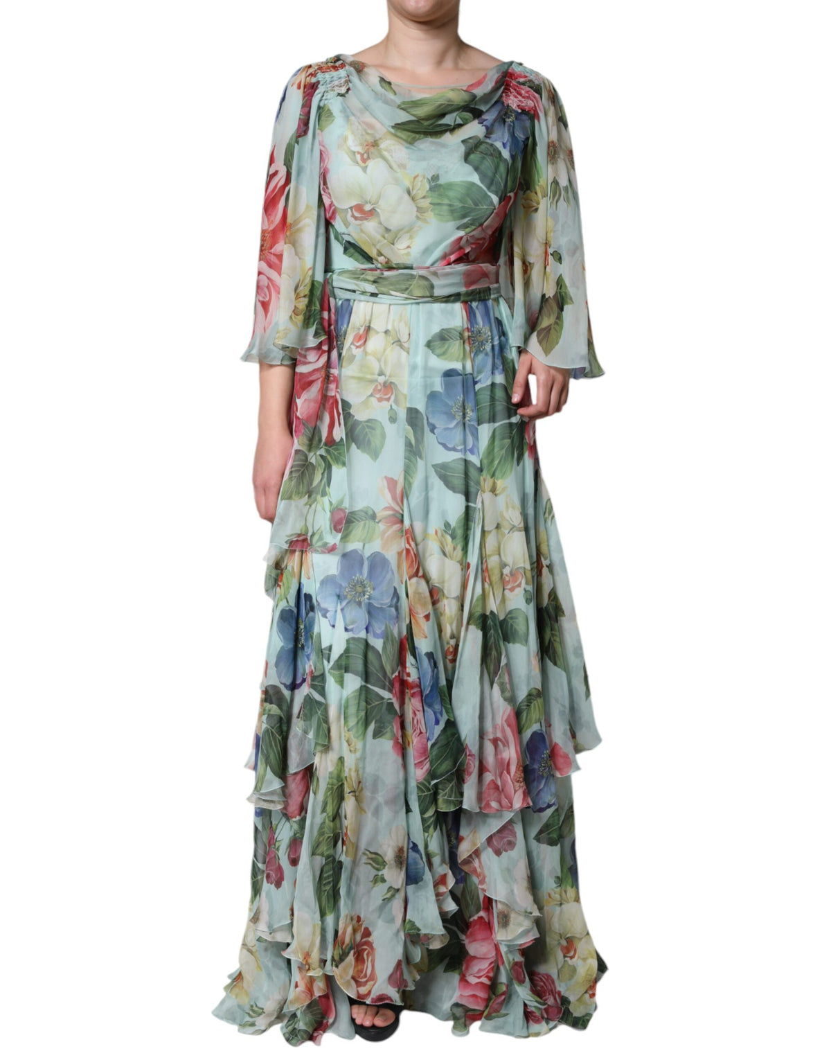 Dolce & Gabbana Maxikleid mit blauem Blumenmuster und Stufenrock
