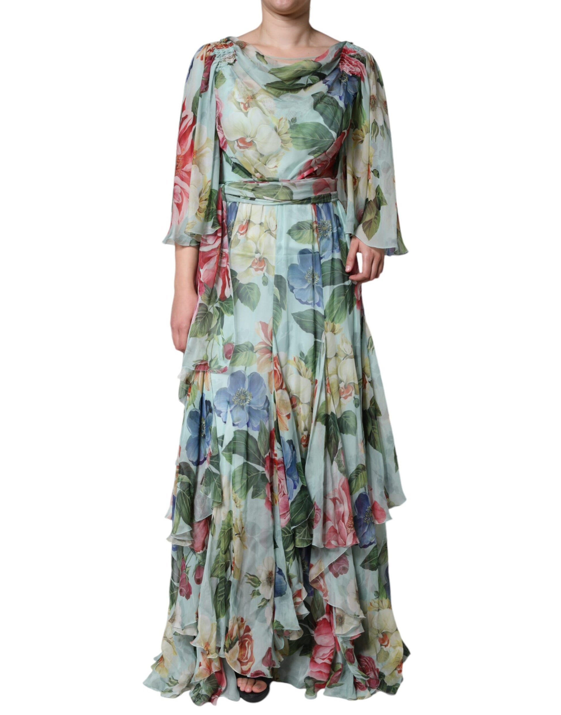 Robe longue maxi étagée Dolce & Gabbana à imprimé floral bleu