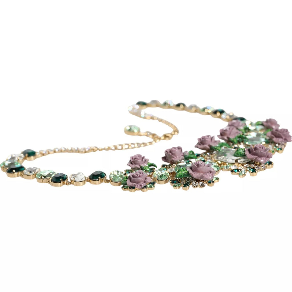Dolce & Gabbana Gold Brass Link Chain Rose Petal Crystal Necklace