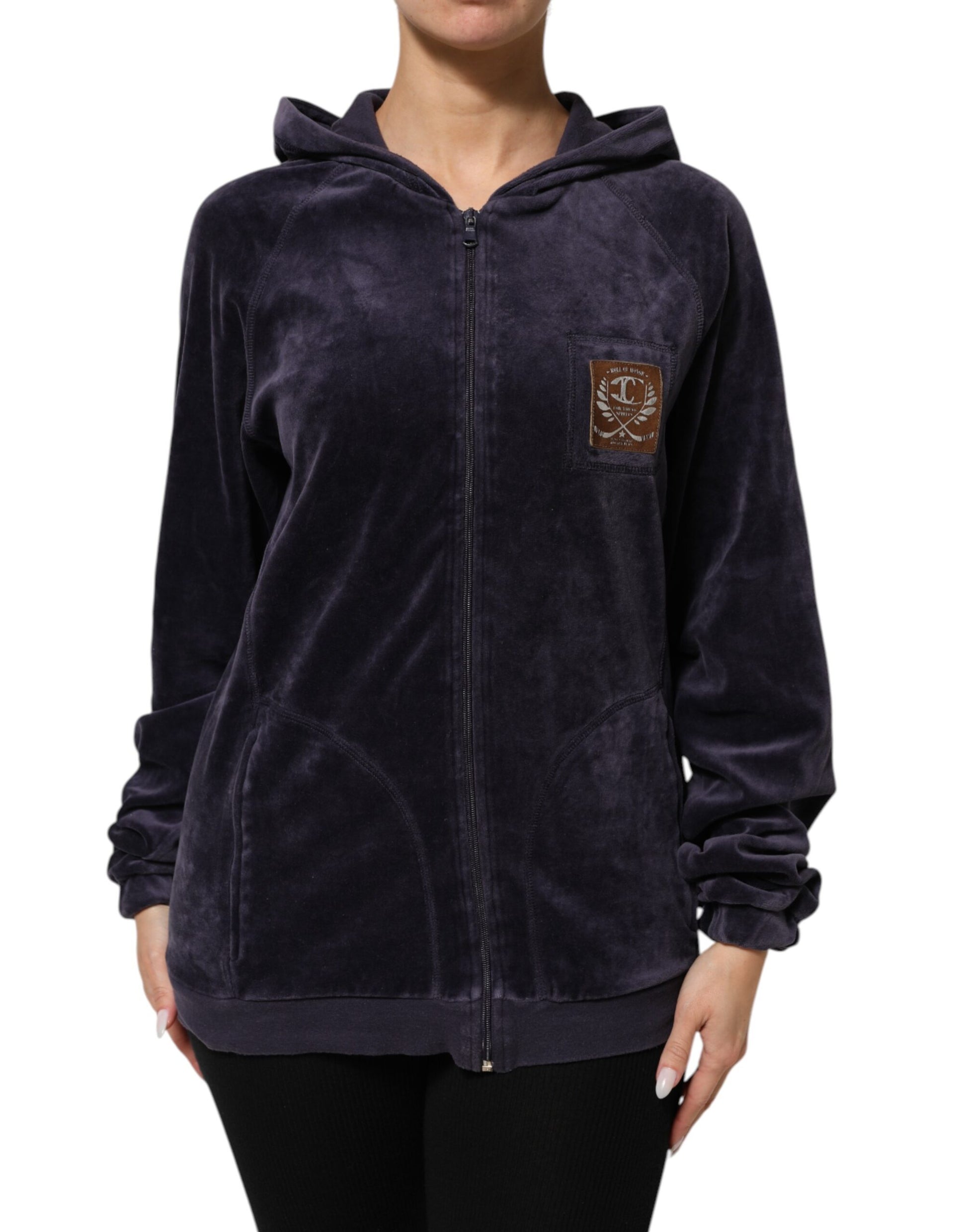 Cavalli Class Pull à Capuche Zippé en Velours Mélange Coton Violet