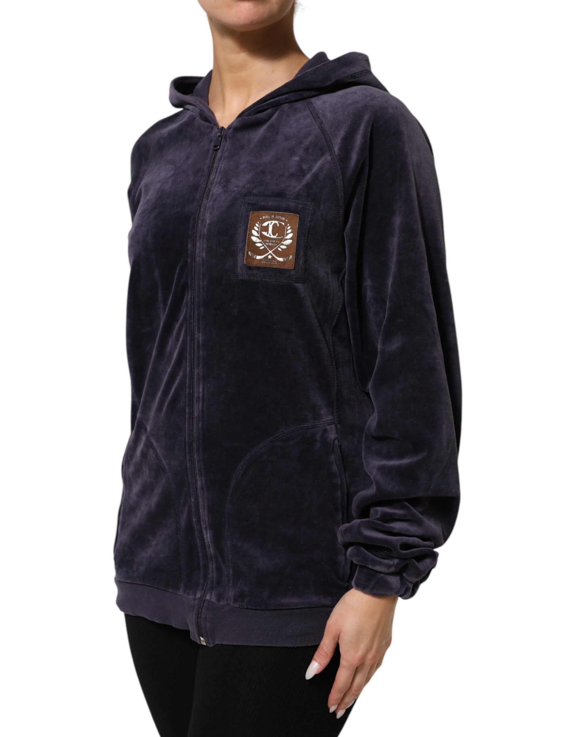 Cavalli Class Pull à Capuche Zippé en Velours Mélange Coton Violet