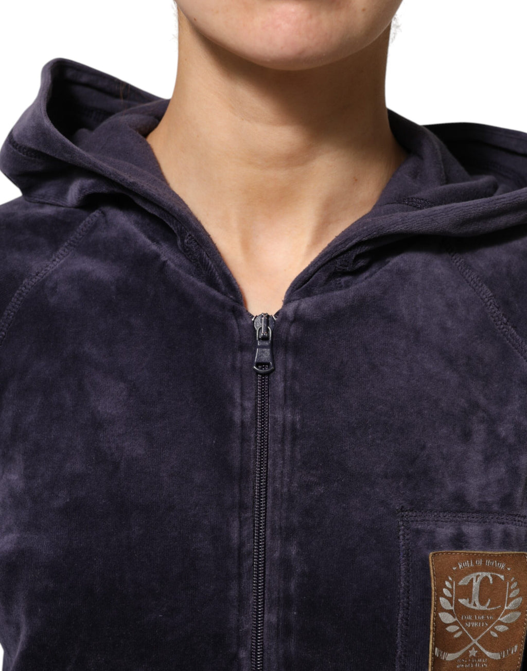 Cavalli Class Pull à Capuche Zippé en Velours Mélange Coton Violet