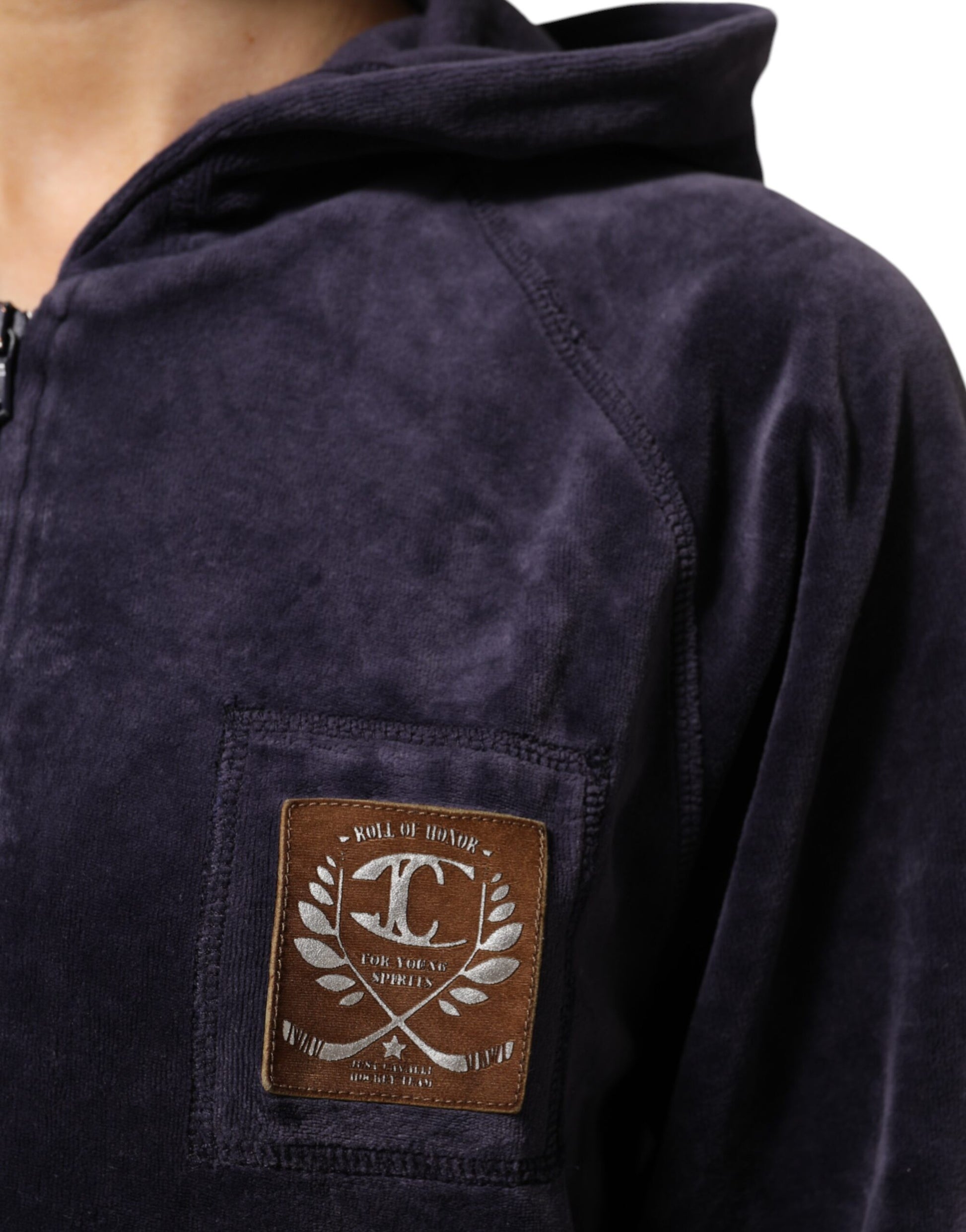 Cavalli Class Pull à Capuche Zippé en Velours Mélange Coton Violet