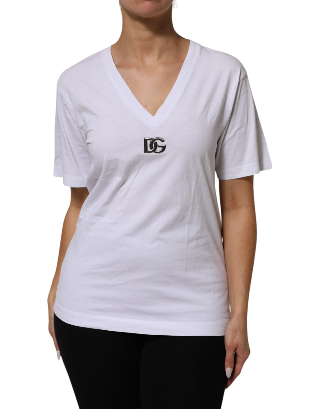T-shirt en coton blanc à col en V et manches courtes Dolce & Gabbana