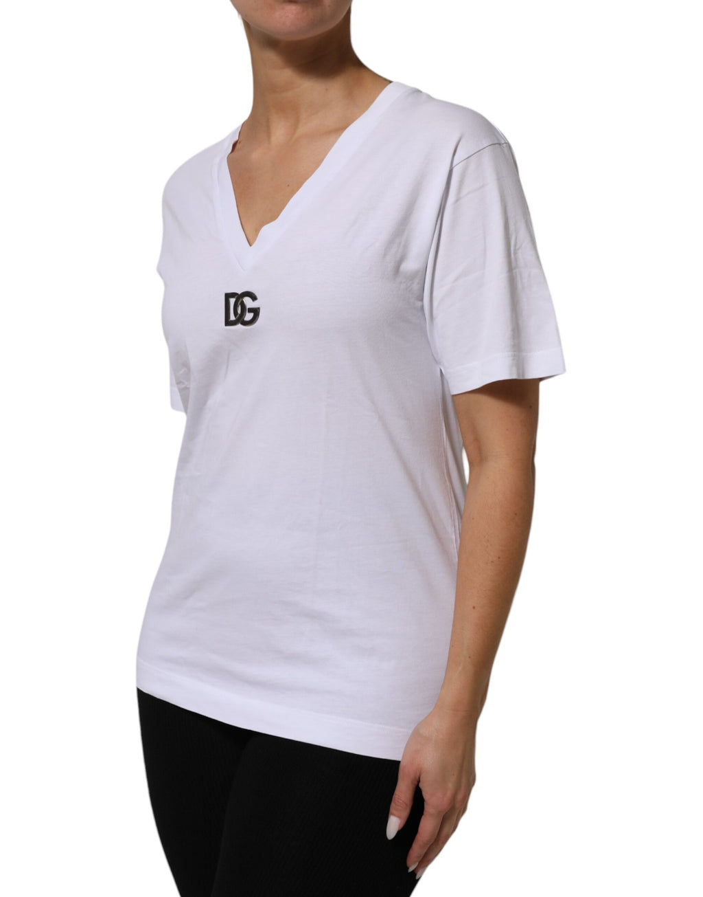 T-shirt en coton blanc à col en V et manches courtes Dolce & Gabbana