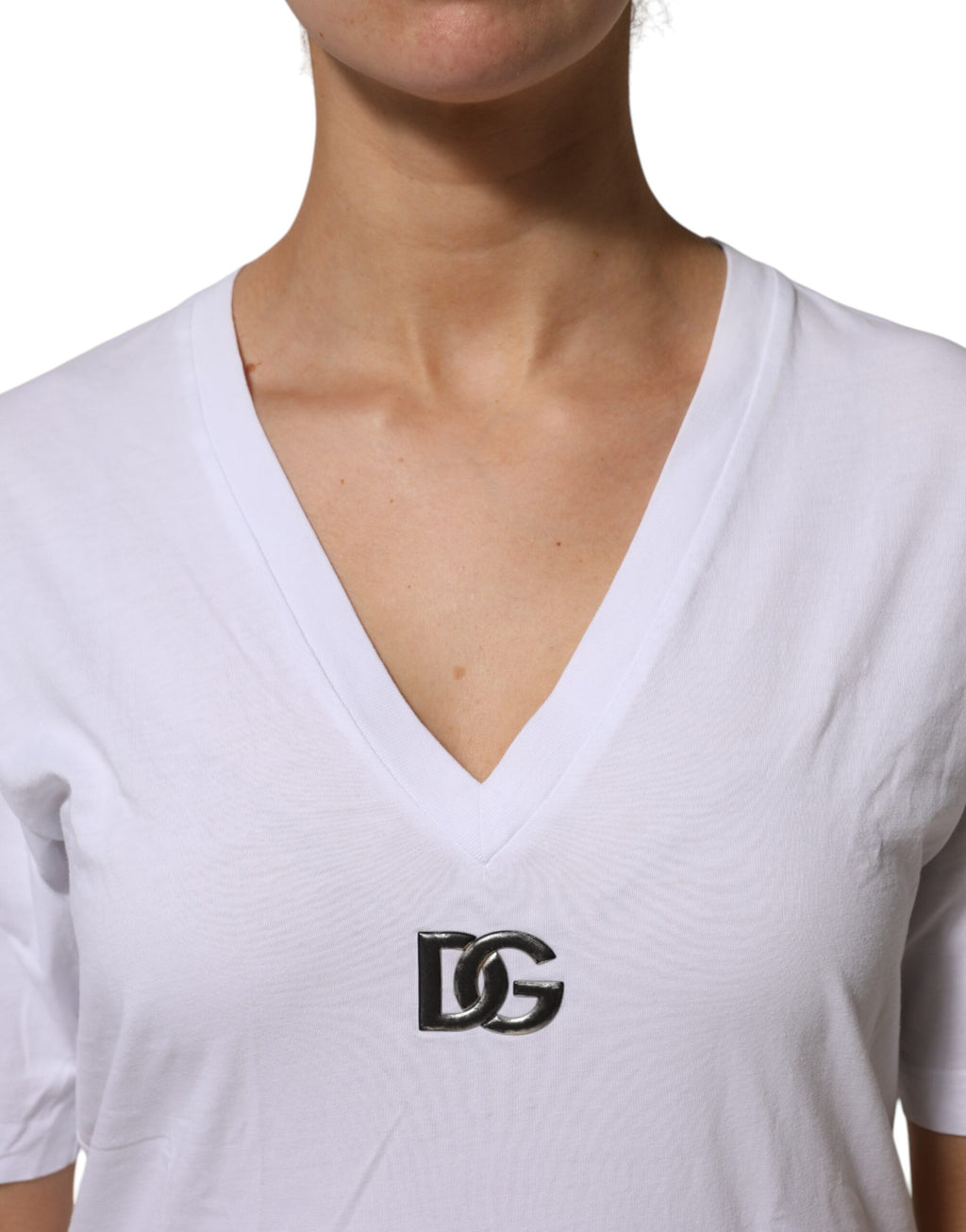 T-shirt en coton blanc à col en V et manches courtes Dolce & Gabbana