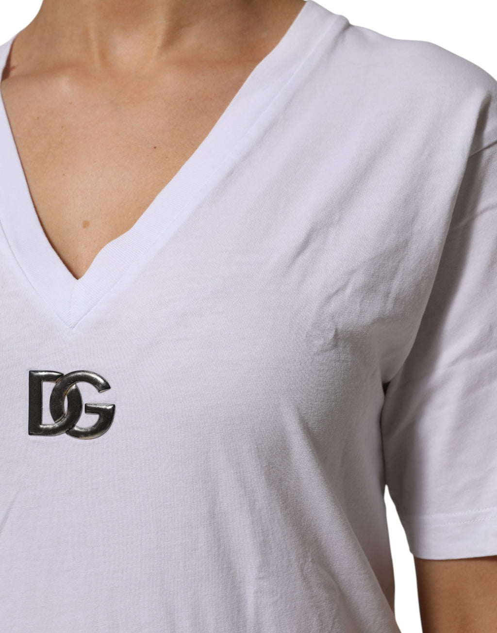 T-shirt en coton blanc à col en V et manches courtes Dolce & Gabbana