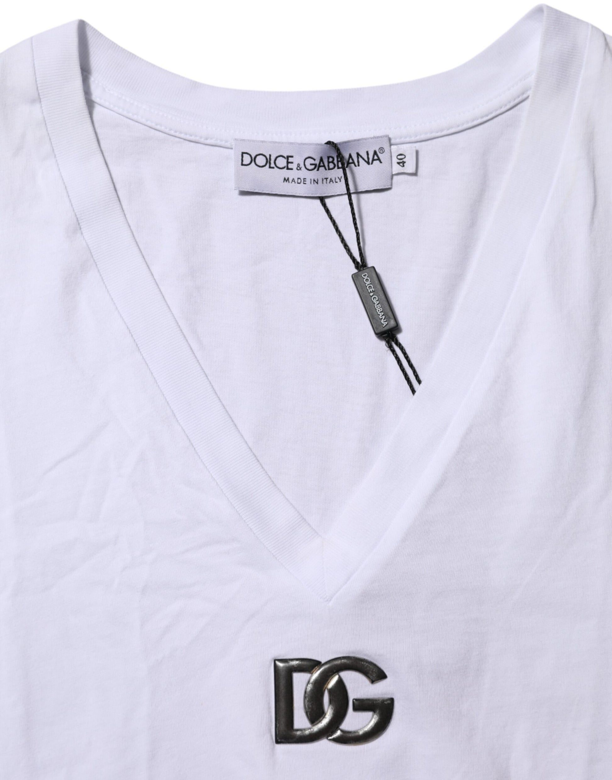 T-shirt en coton blanc à col en V et manches courtes Dolce & Gabbana