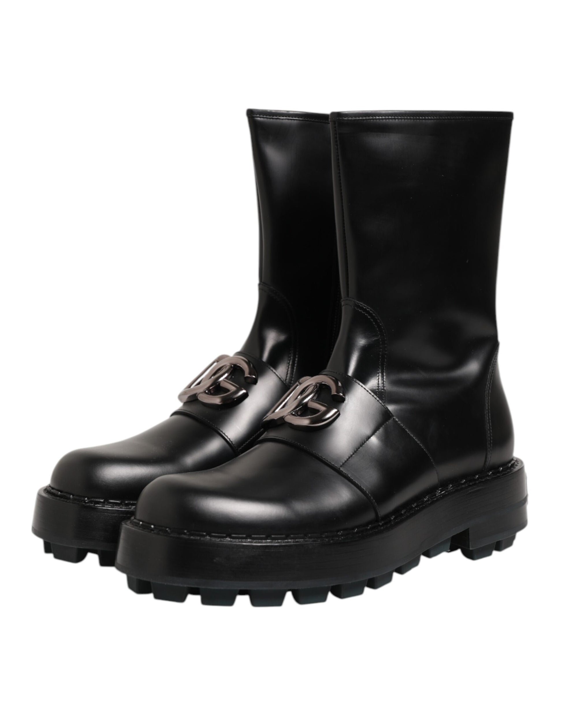 Bottes Biker Dolce & Gabbana Noires Mi-Mollet avec Plaque Logo