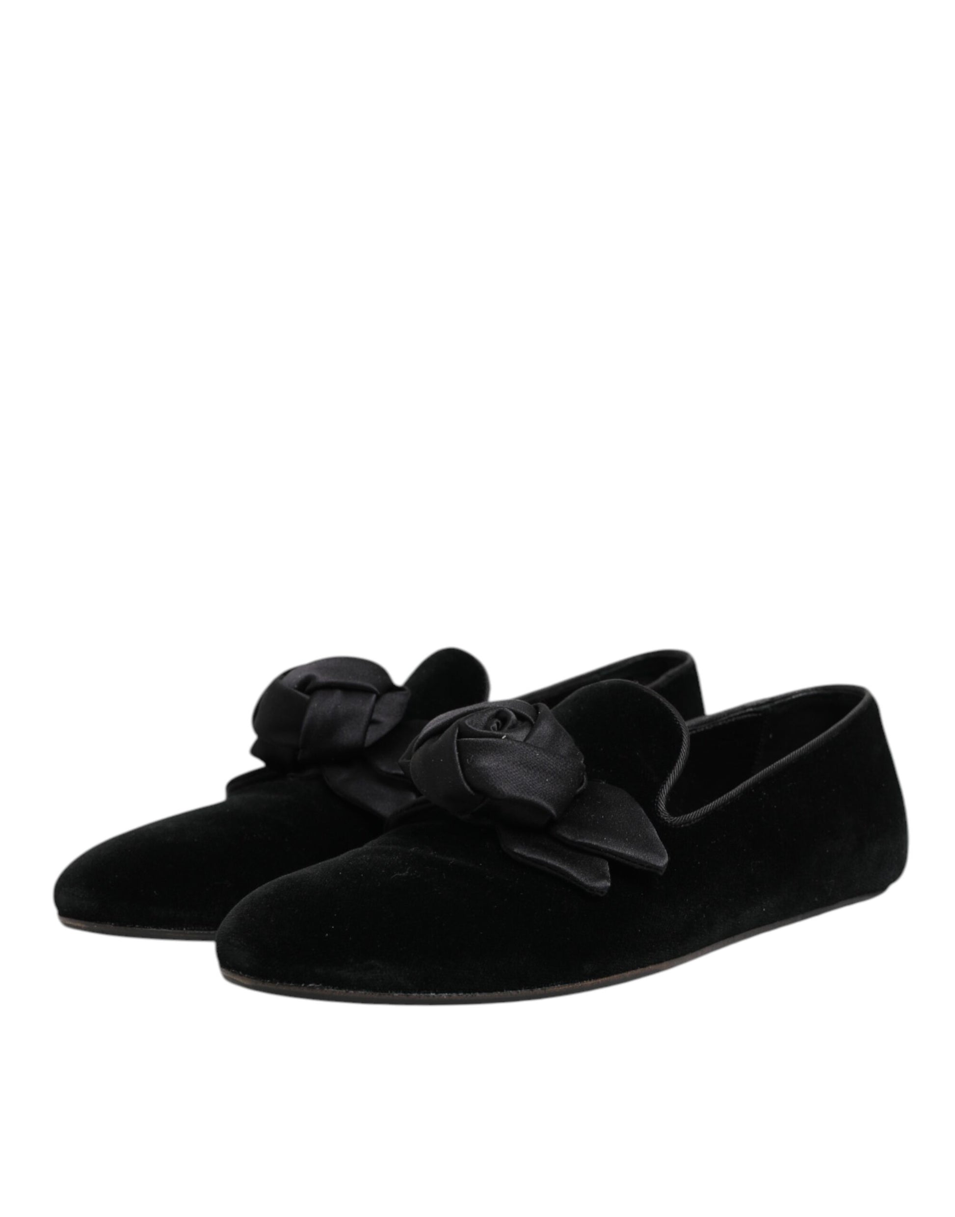 Dolce & Gabbana Black Suede Cotton Rose Slip On Loafers Shoes