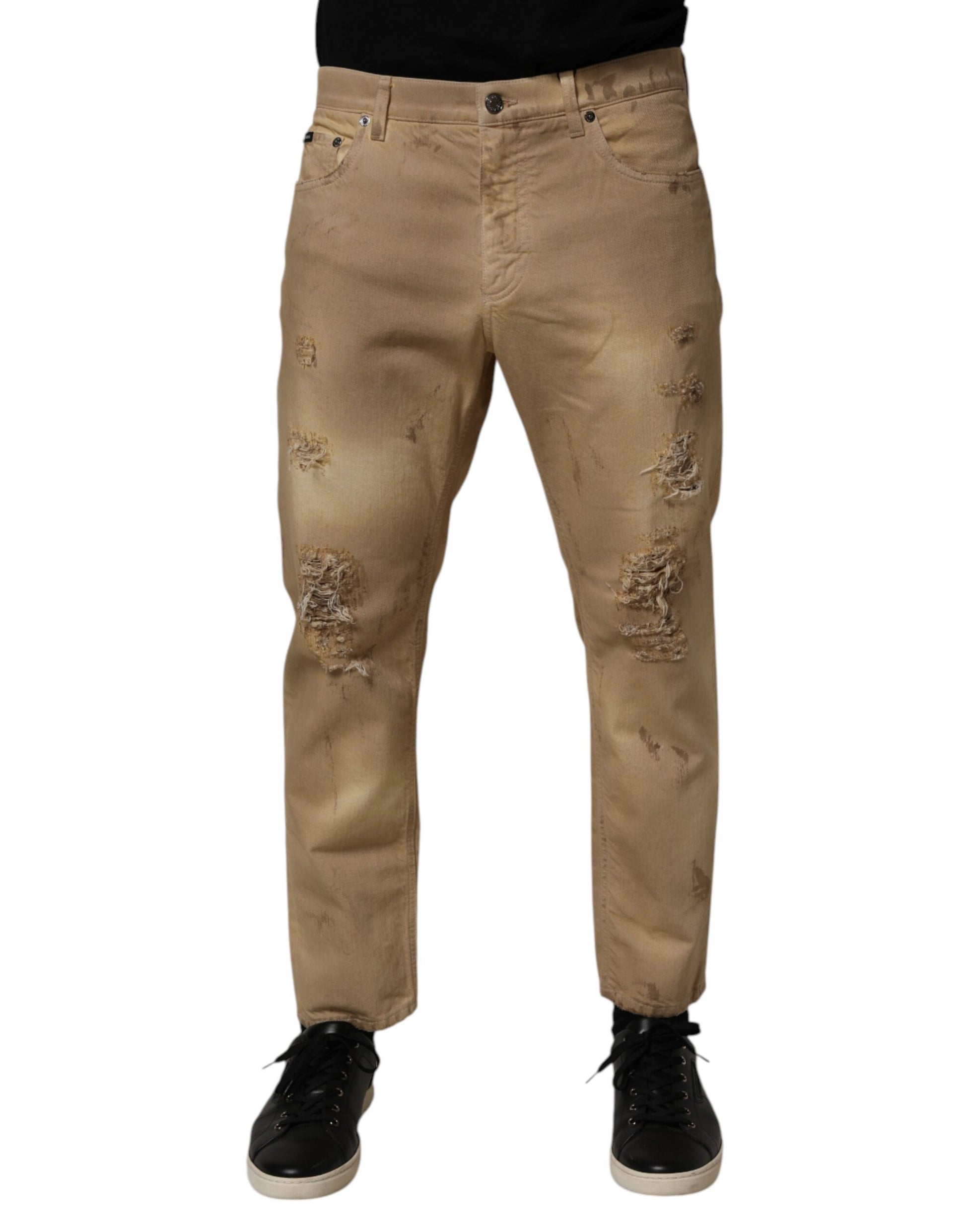 Jean en denim beige ample et déchiré en coton pour homme Dolce & Gabbana