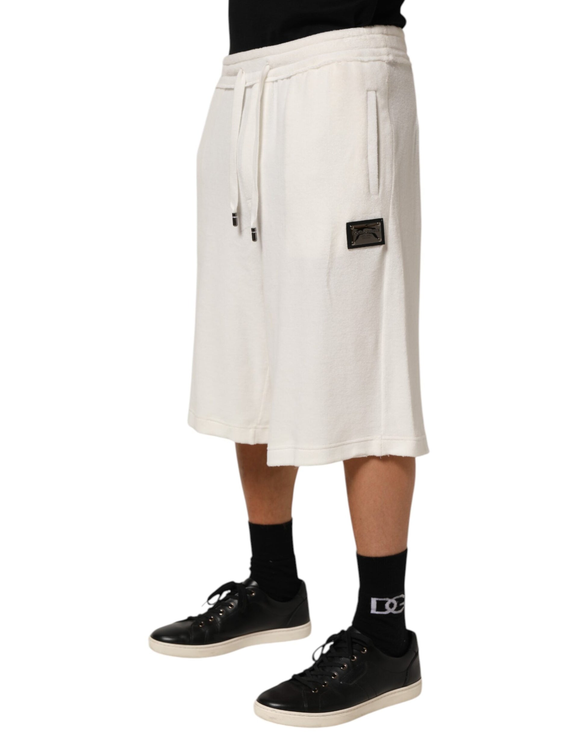 Shorts Bermuda Homme Dolce & Gabbana en Coton Blanc avec Plaque Logo