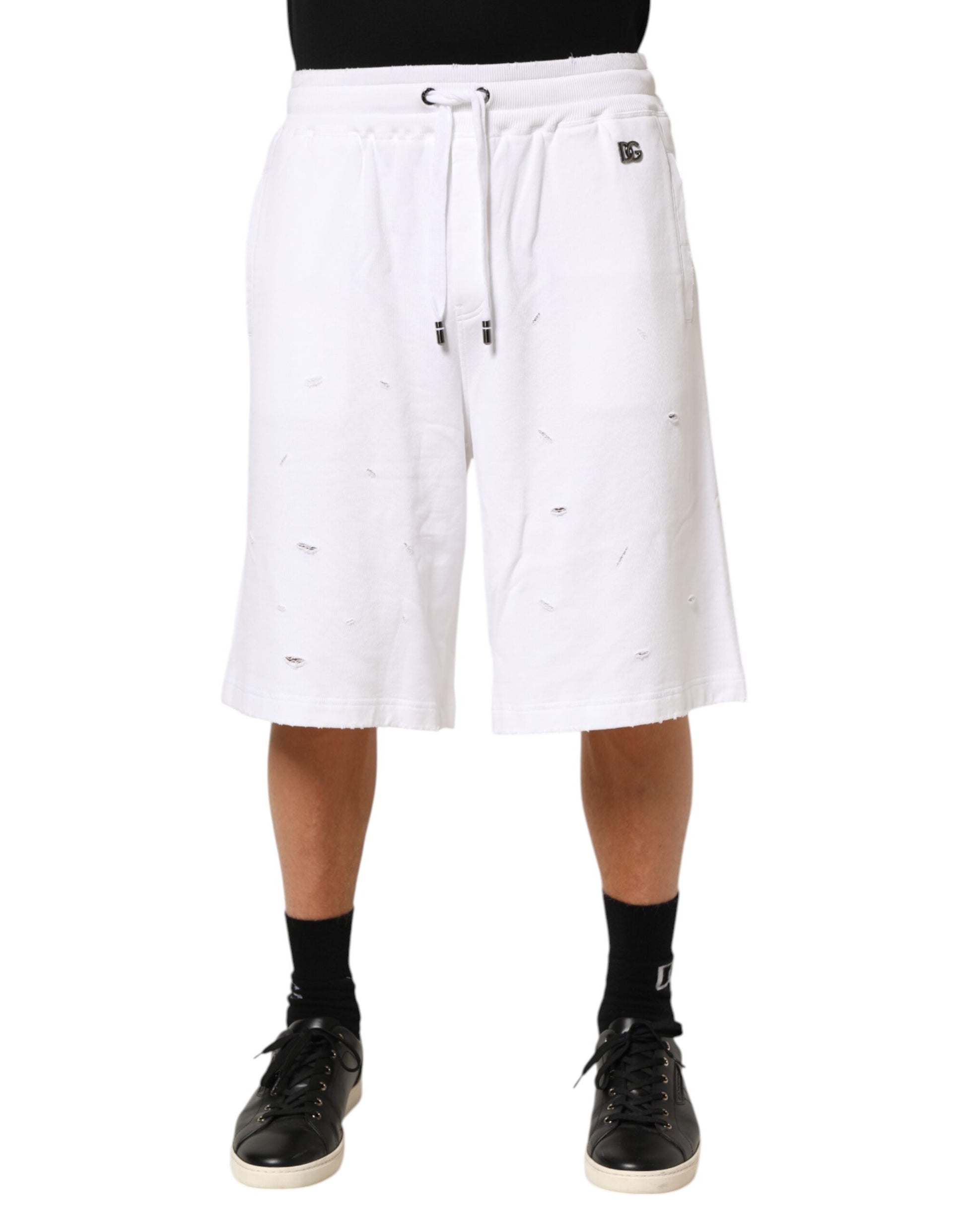 Shorts de survêtement bermuda déchirés en coton blanc Dolce & Gabbana