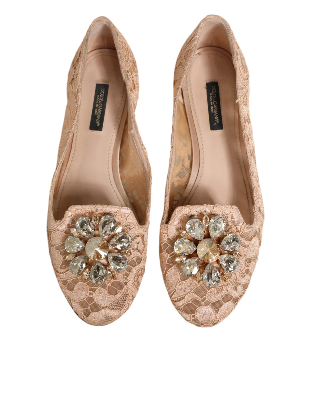 Dolce & Gabbana Beige Taormina Lace Crystals Flats Shoes
