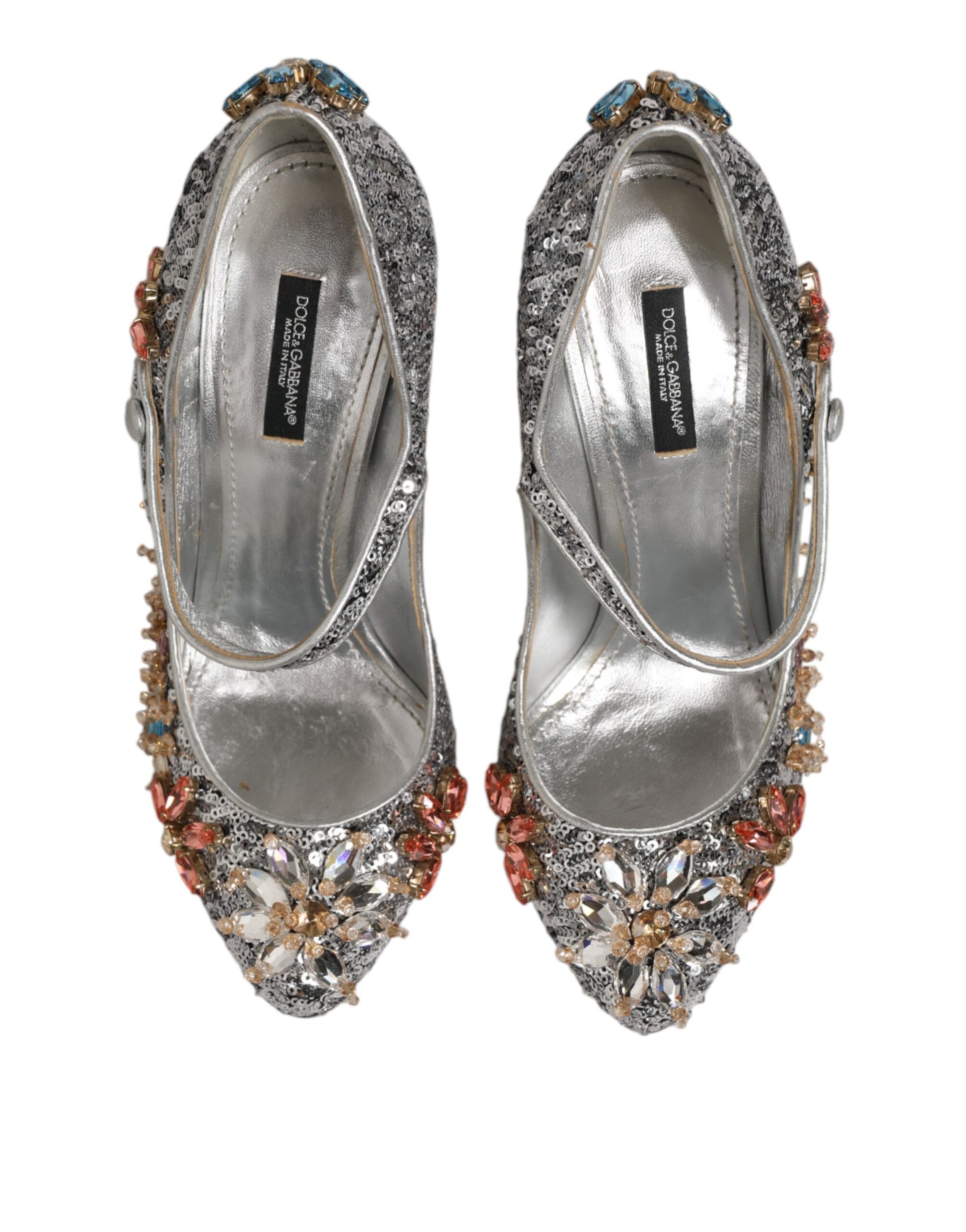 Dolce & Gabbana Silver Sequin Crystal Mary Janes Pumps Shoes