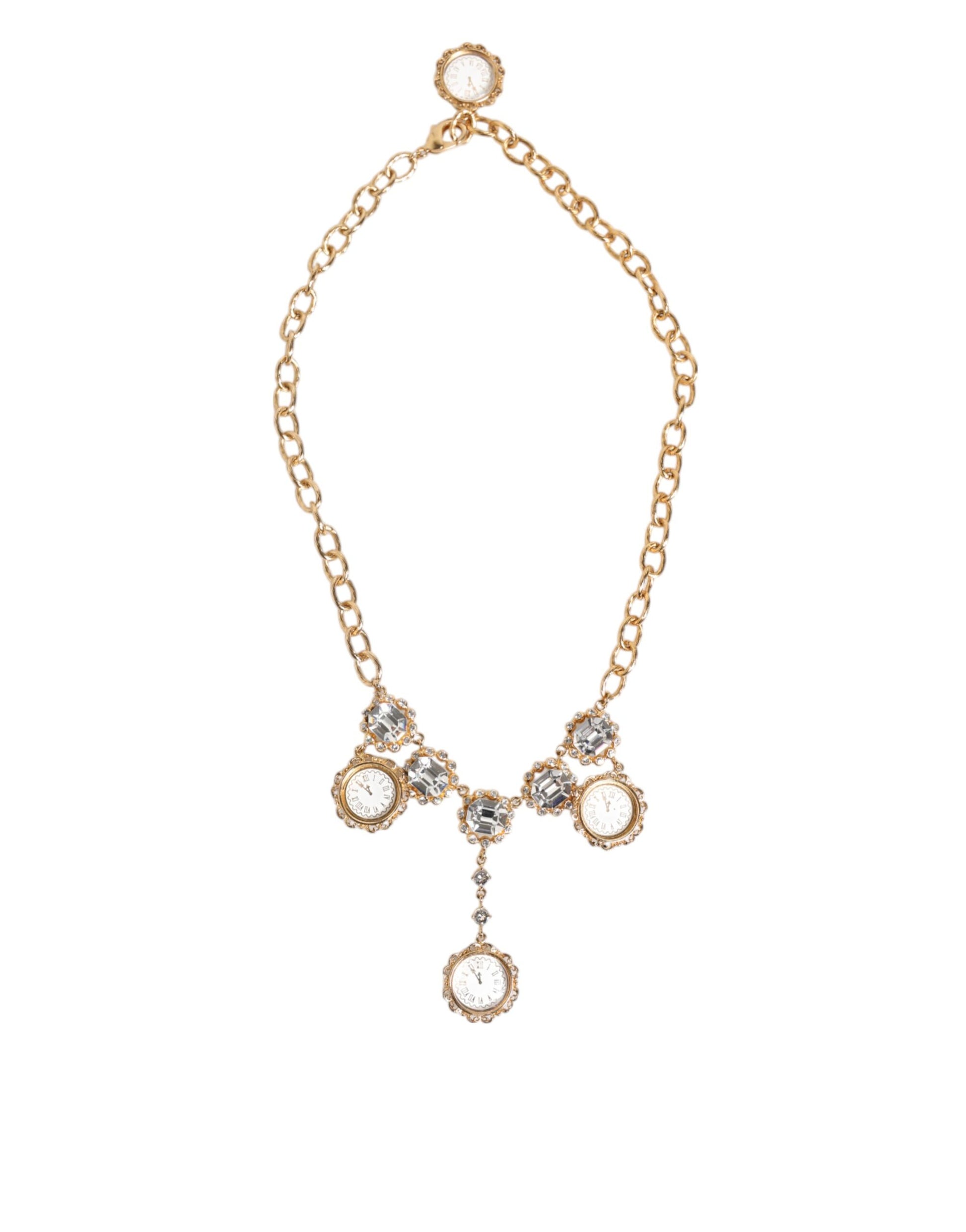 Dolce & Gabbana Gold Crystal Clock Pendant Statement Jewelry Necklace