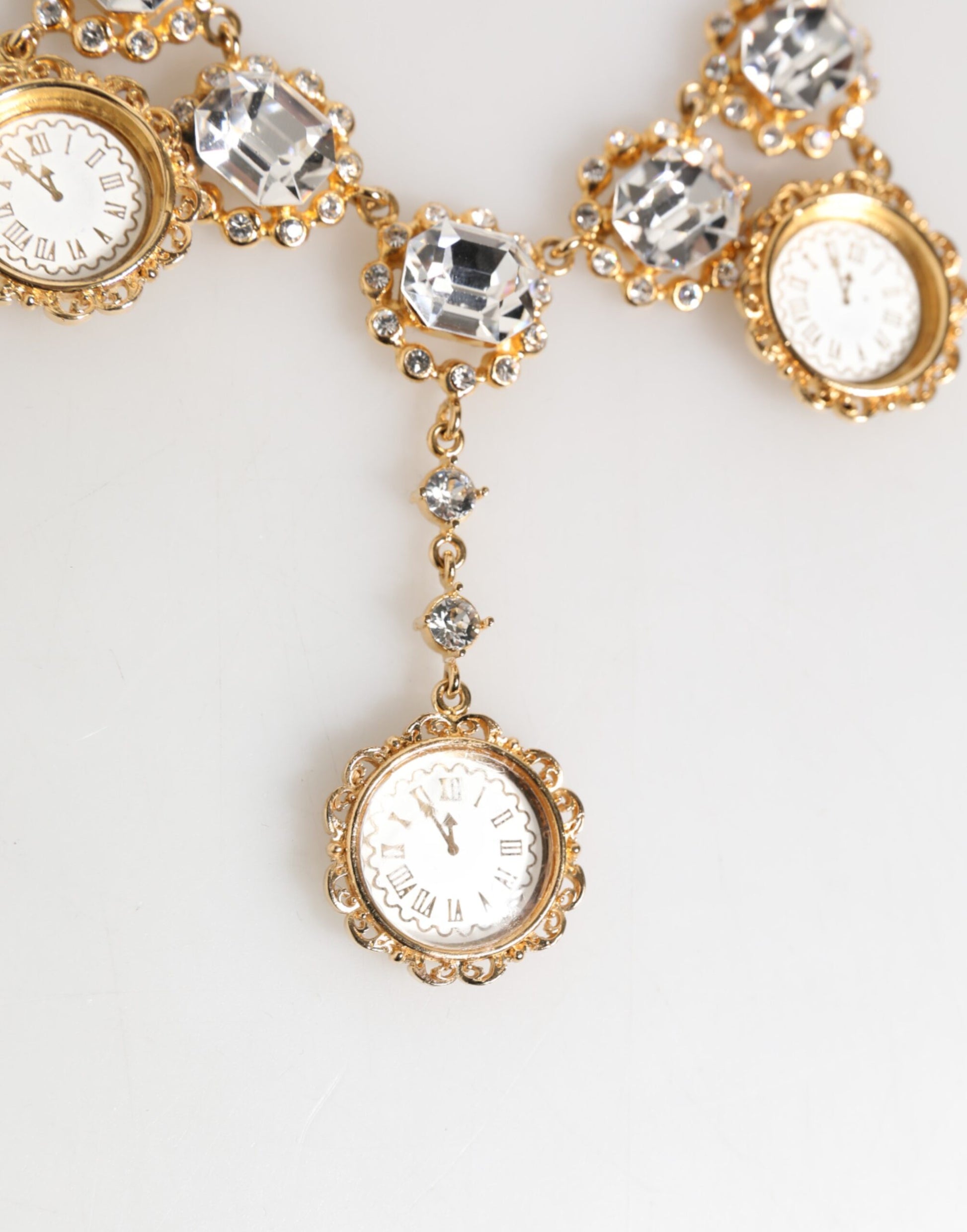Dolce & Gabbana Gold Crystal Clock Pendant Statement Jewelry Necklace