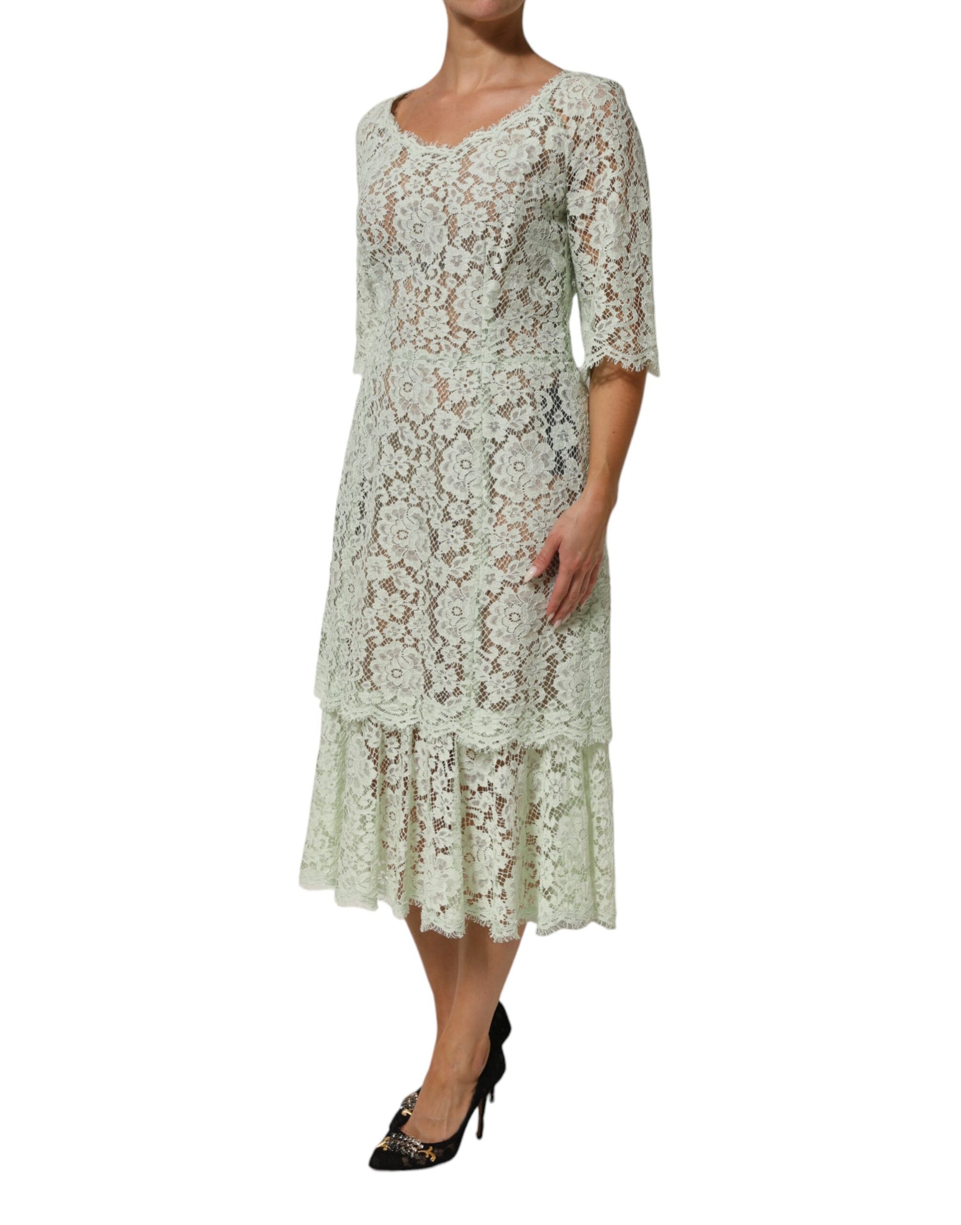 Robe midi Dolce & Gabbana vert menthe en dentelle florale