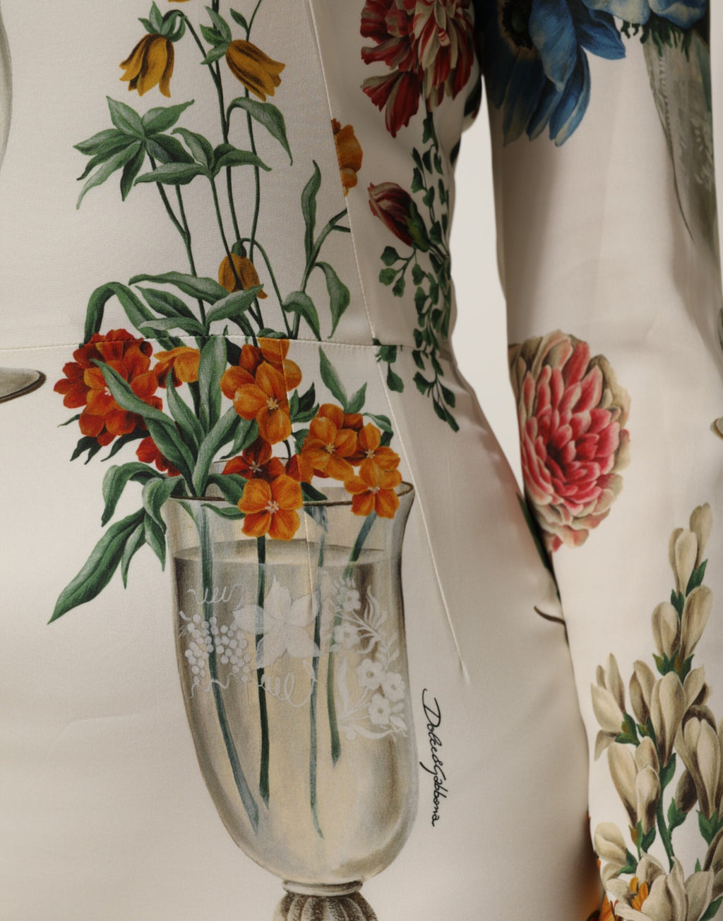 Dolce & Gabbana White Flower Vase Silk Sheath Midi Dress