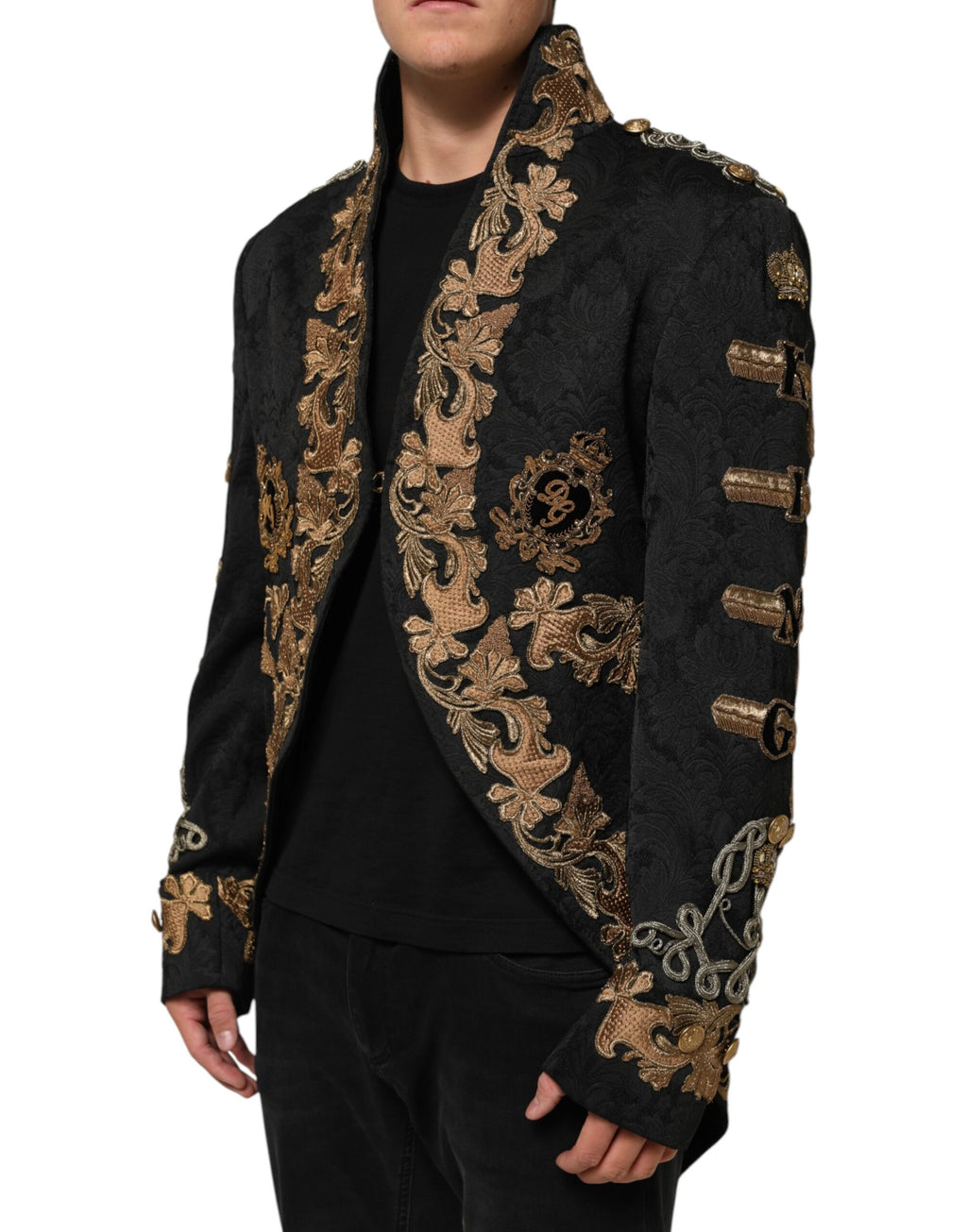 Dolce & Gabbana Black Brocade Embroidery Men Coat Jacket
