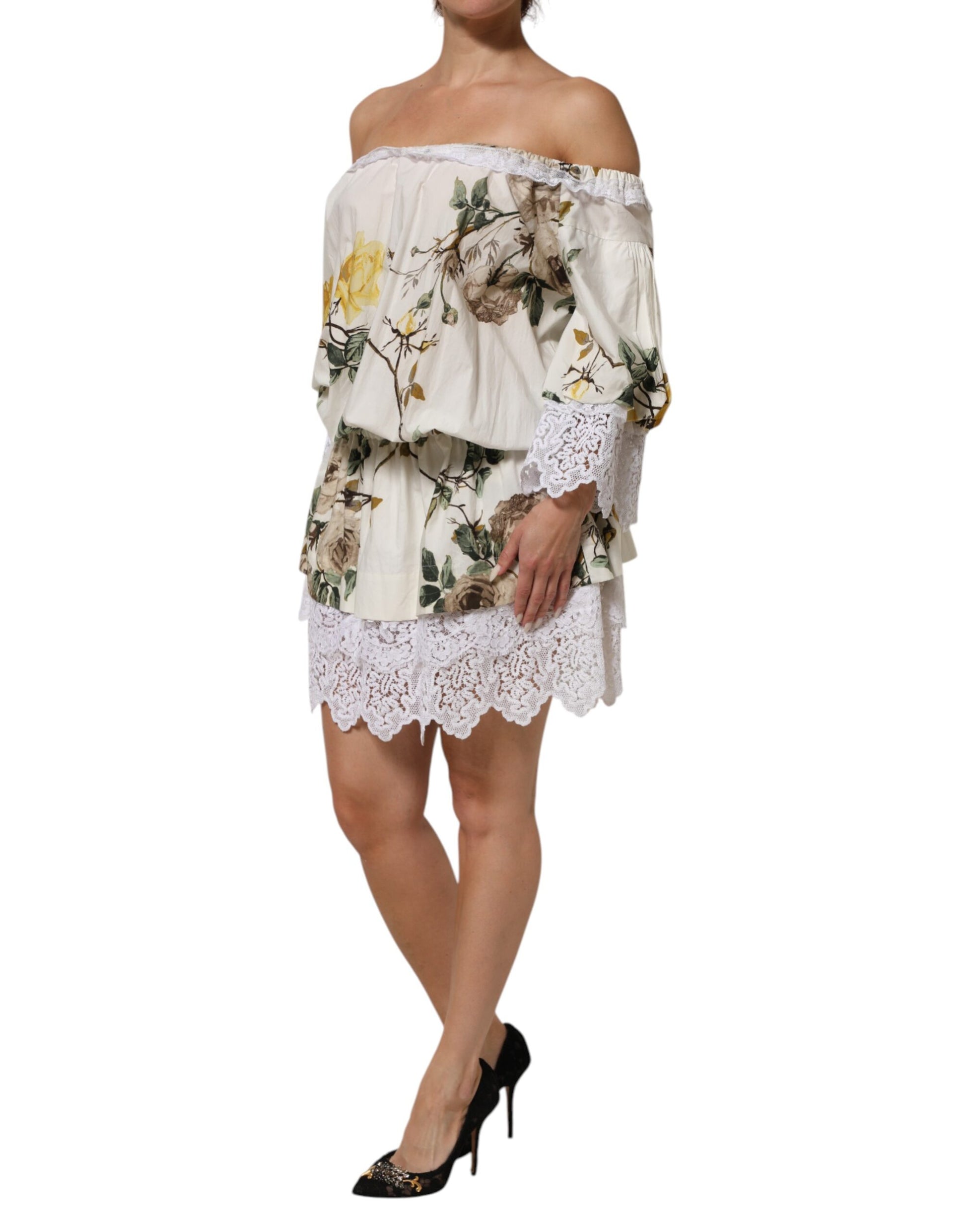 Dolce & Gabbana White Floral Lace Off Shoulder Mini Dress