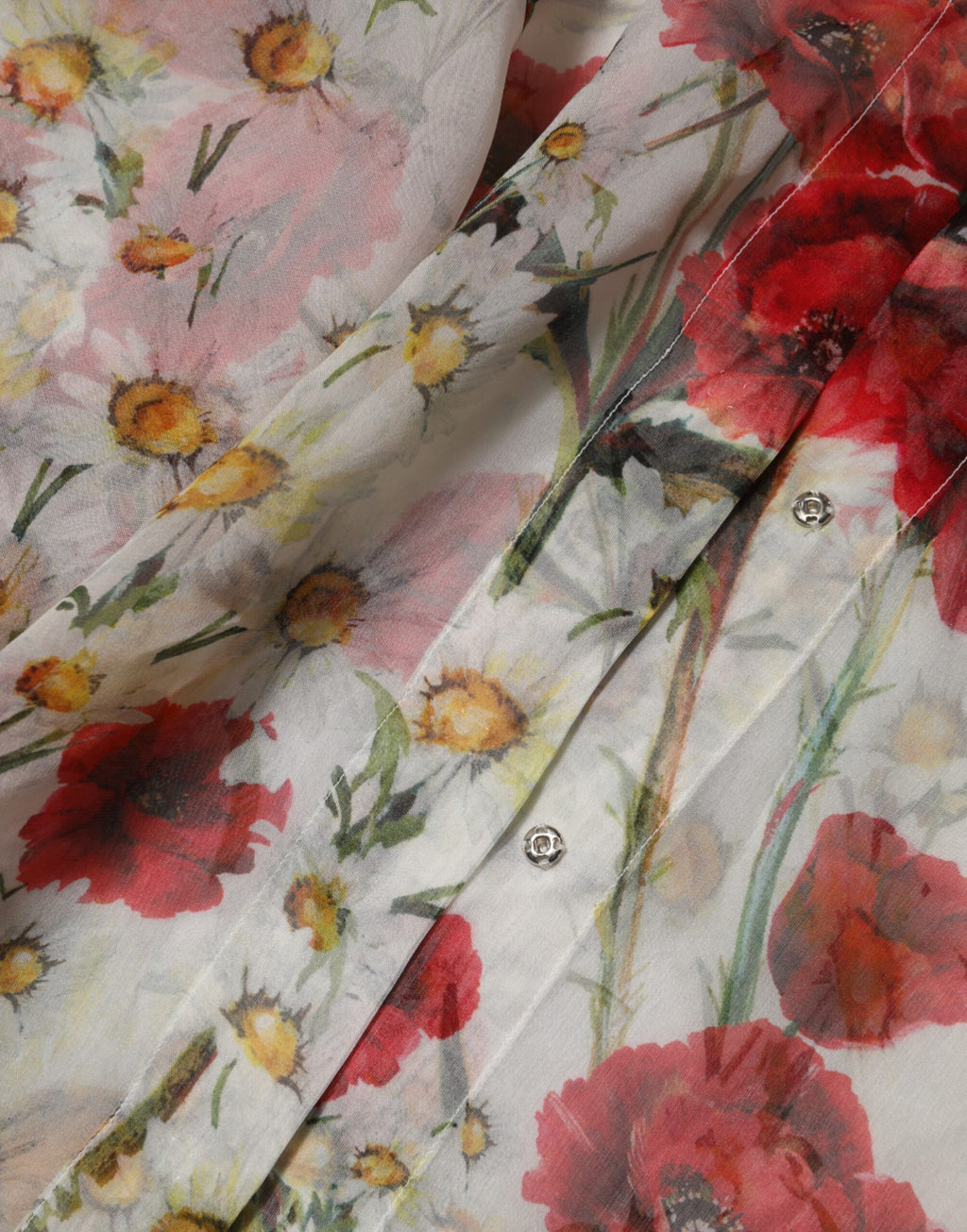 Dolce & Gabbana White Floral Tie-Neck Poppy Print Blouse Top