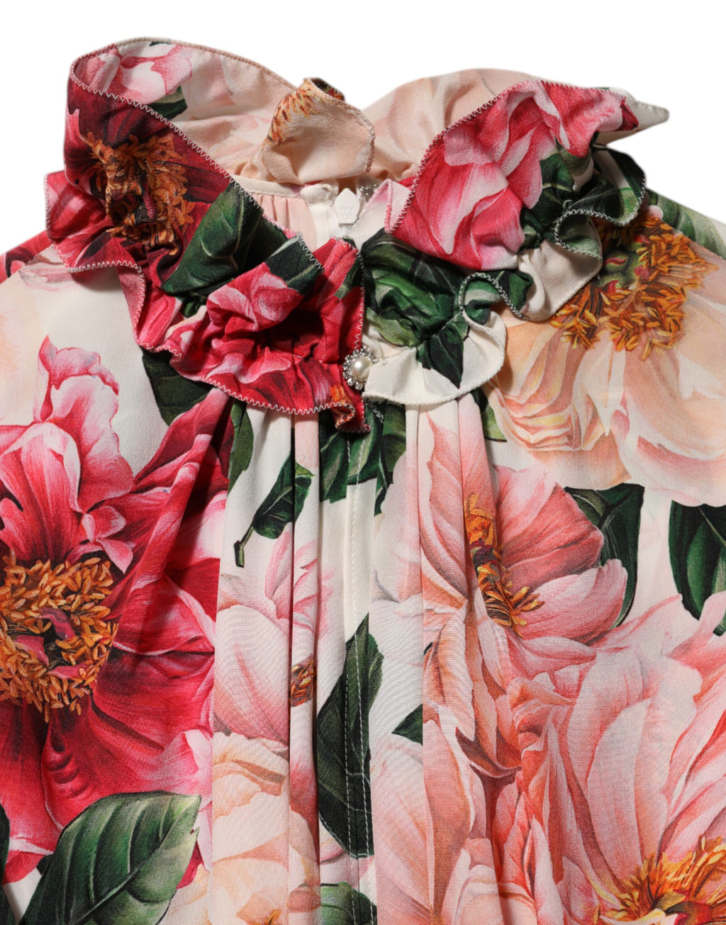 Dolce & Gabbana Pink Floral Printed Silk Ruffled Blouse Top