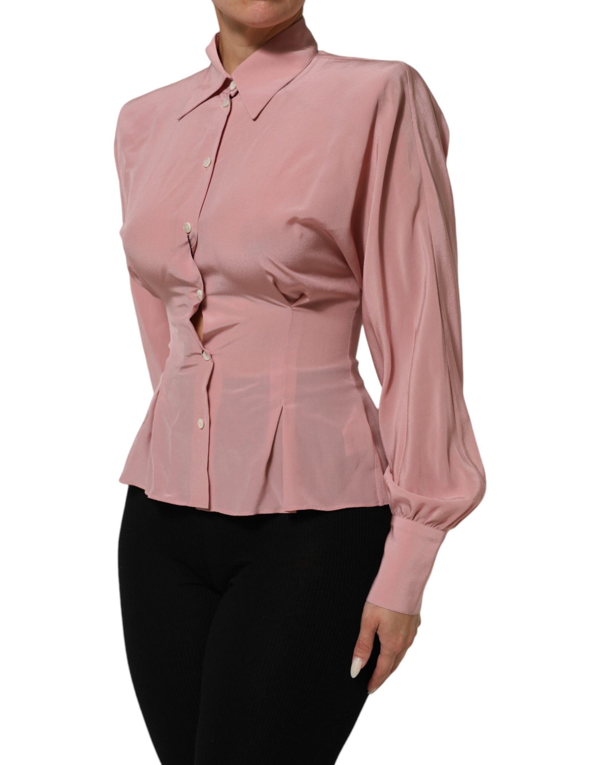 Dolce & Gabbana Pink Silk Collared Long Sleeves Blouse Top