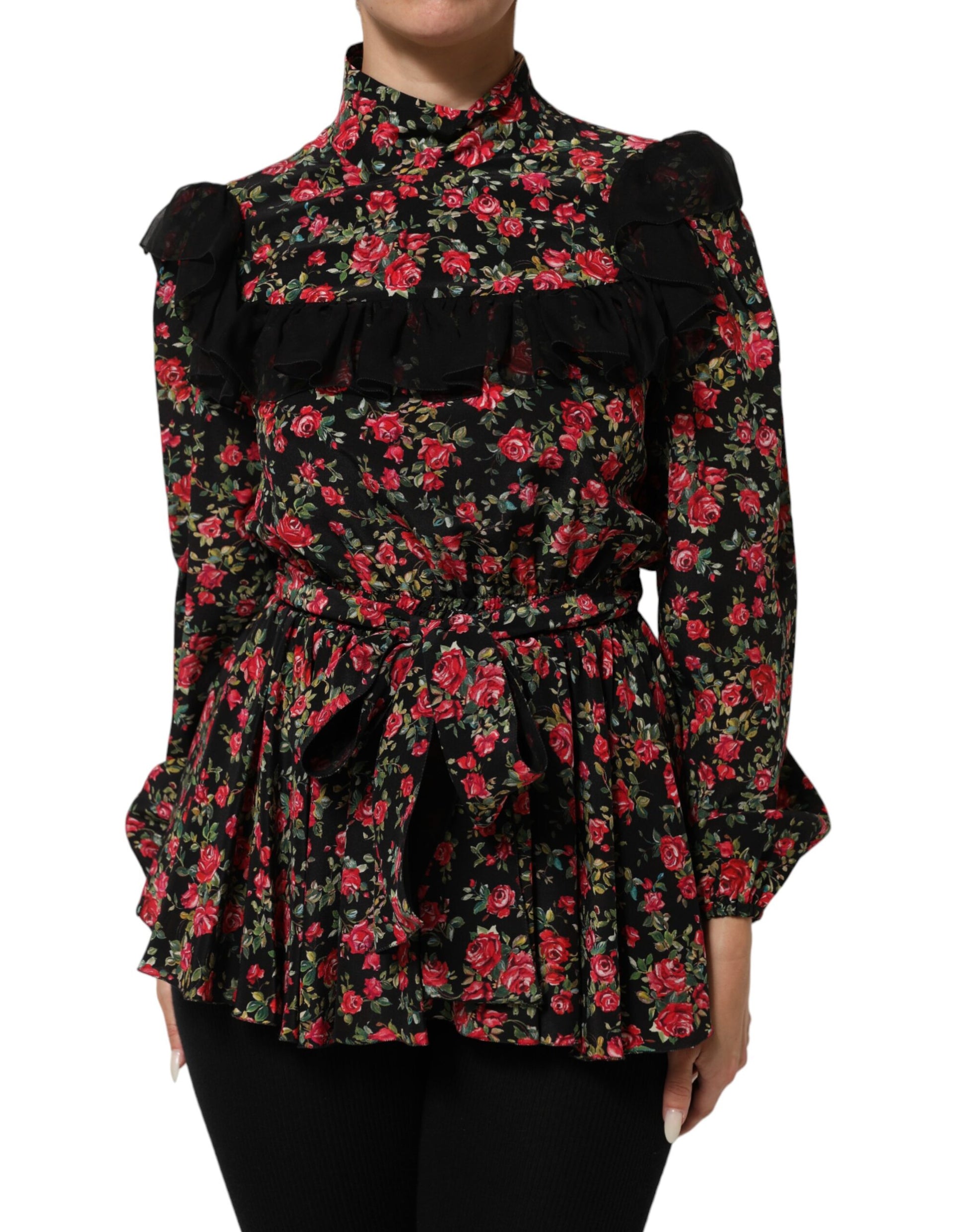 Dolce & Gabbana Black Floral Print Long Sleeve Blouse Top