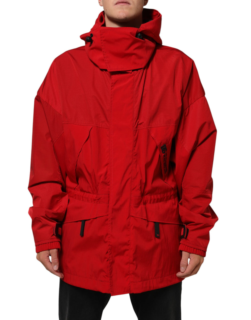 Dolce & Gabbana Parka homme rouge en nylon zippé à capuche