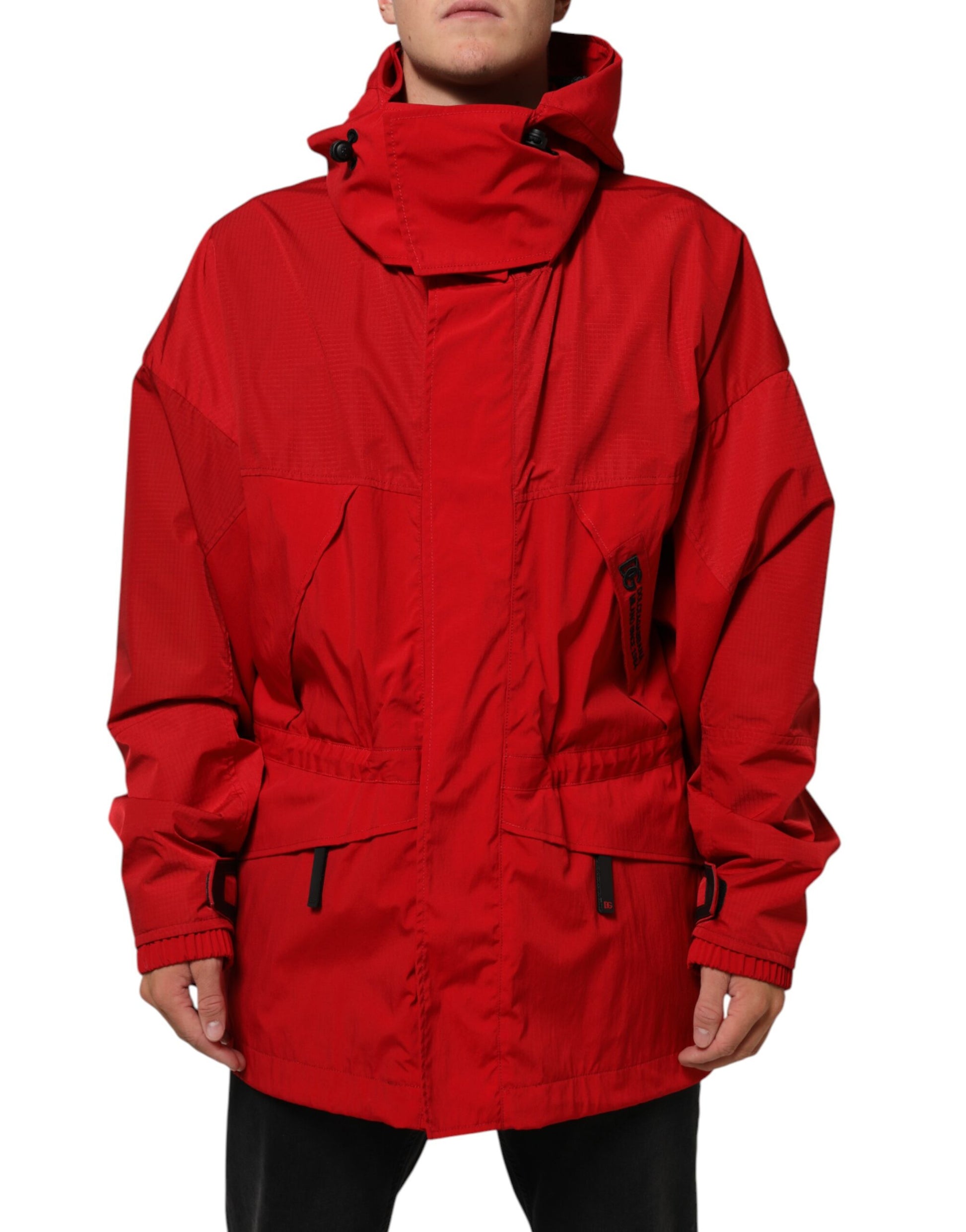 Dolce & Gabbana Parka homme rouge en nylon zippé à capuche