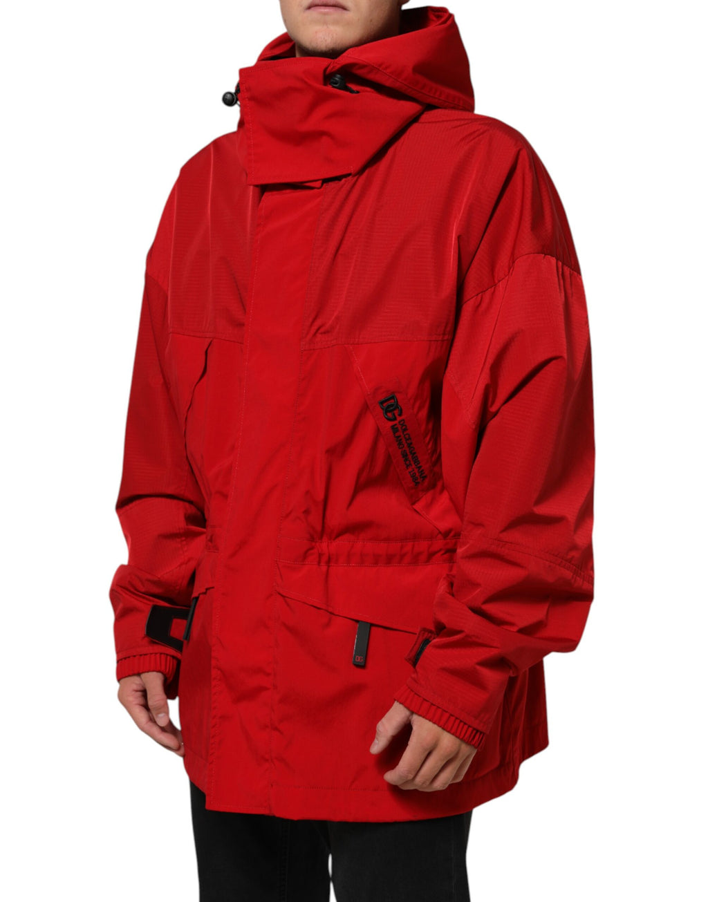 Dolce & Gabbana Parka homme rouge en nylon zippé à capuche