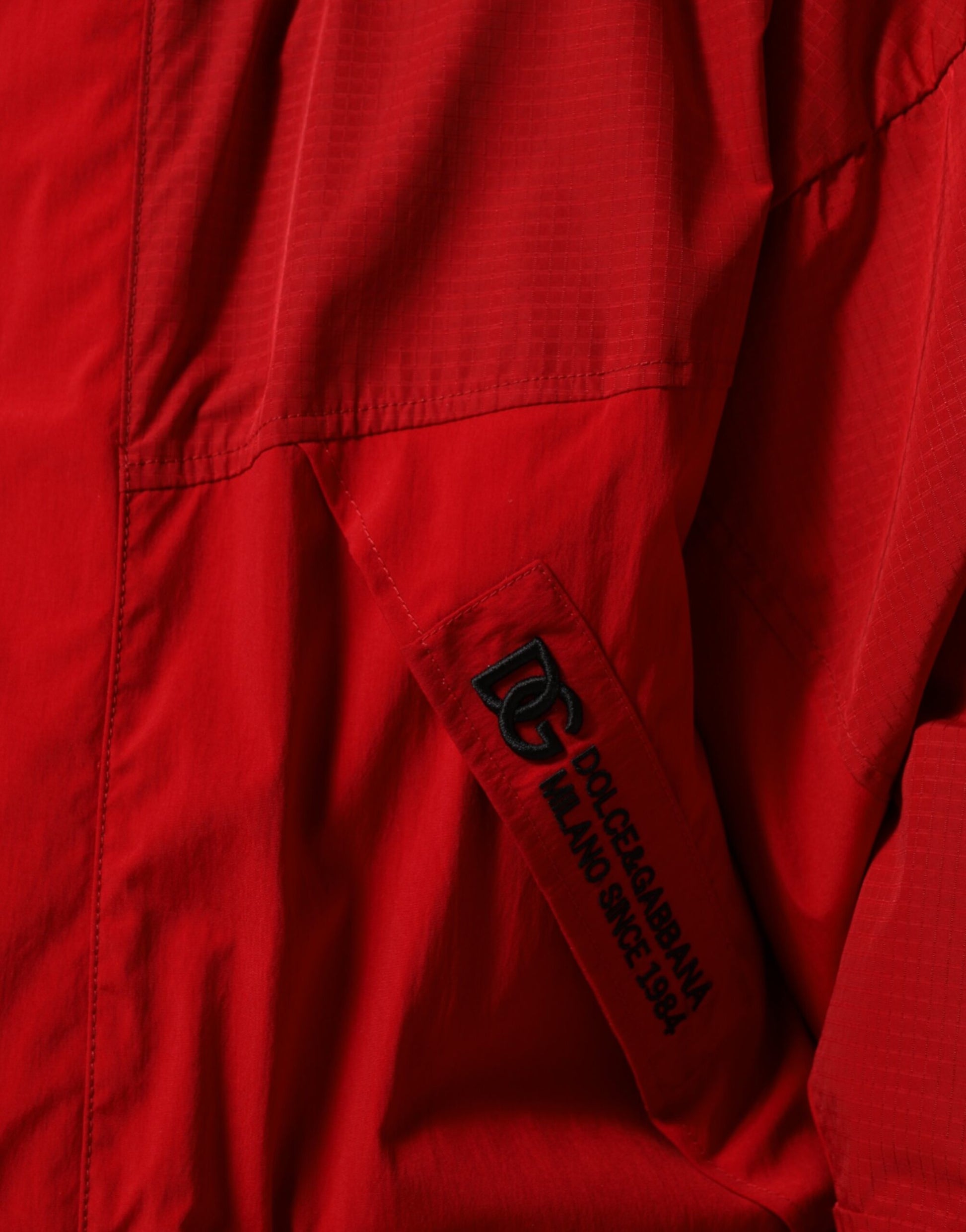 Dolce & Gabbana Parka homme rouge en nylon zippé à capuche