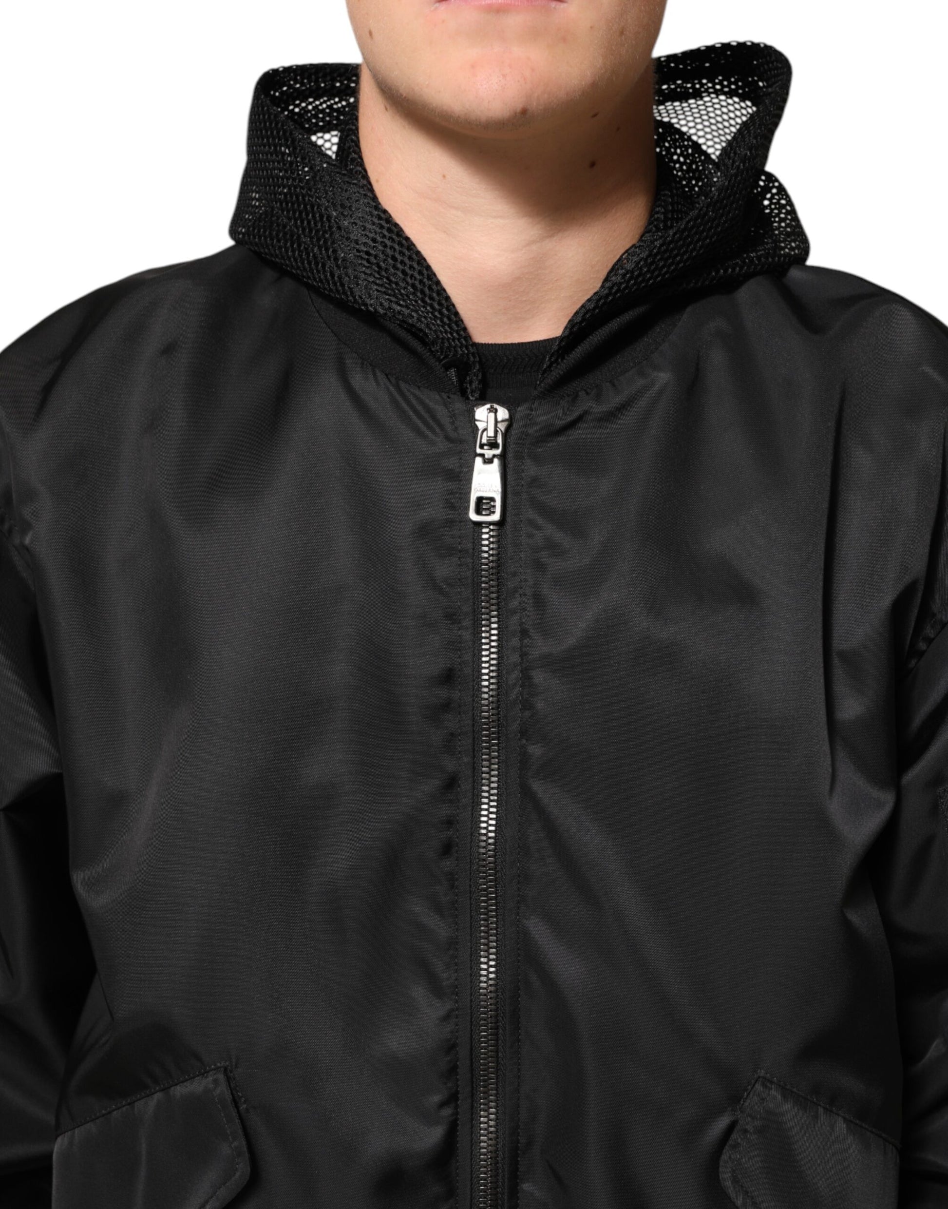 Bomber Homme Dolce & Gabbana Noir en Nylon à Capuche Entièrement Zippé