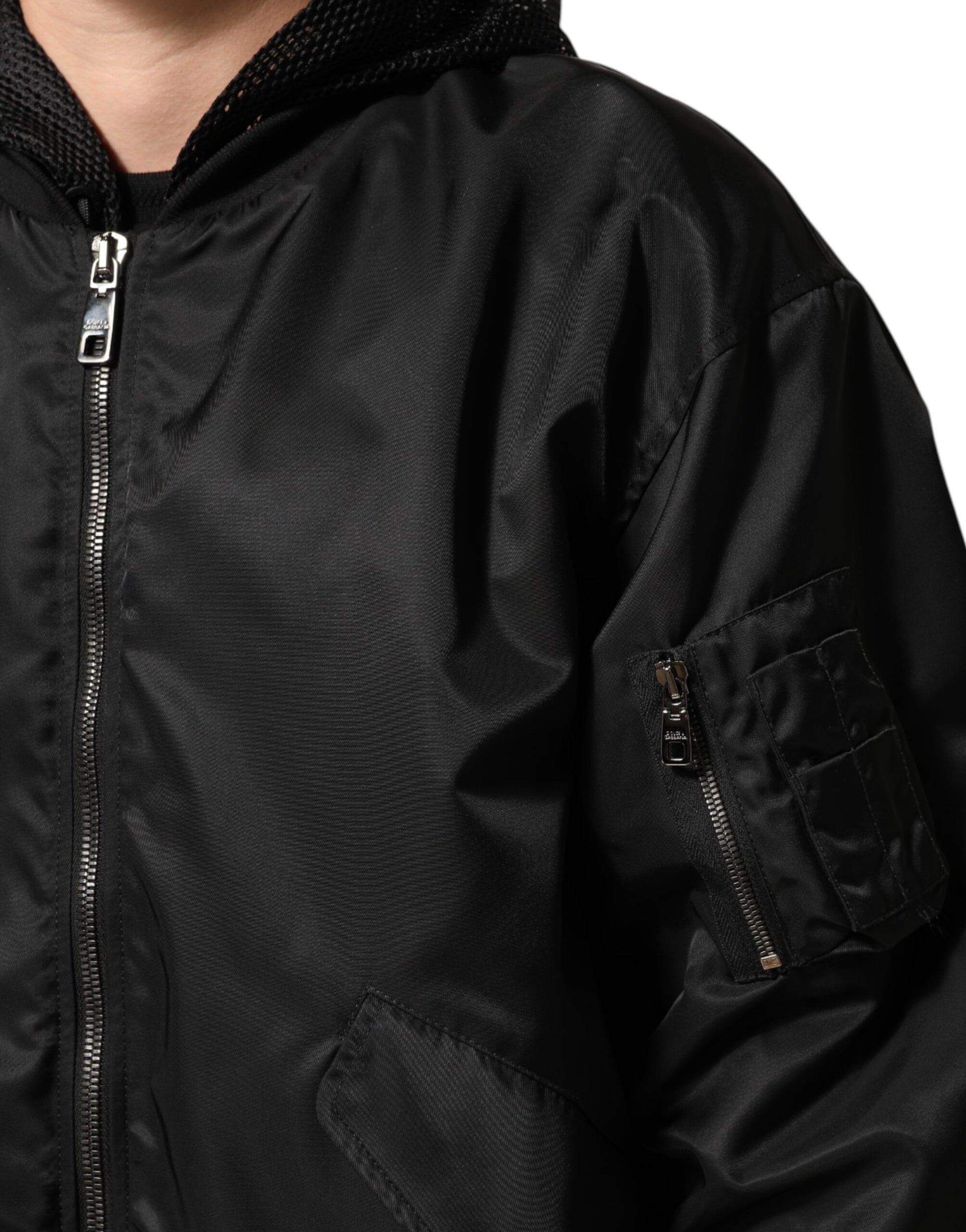 Bomber Homme Dolce & Gabbana Noir en Nylon à Capuche Entièrement Zippé