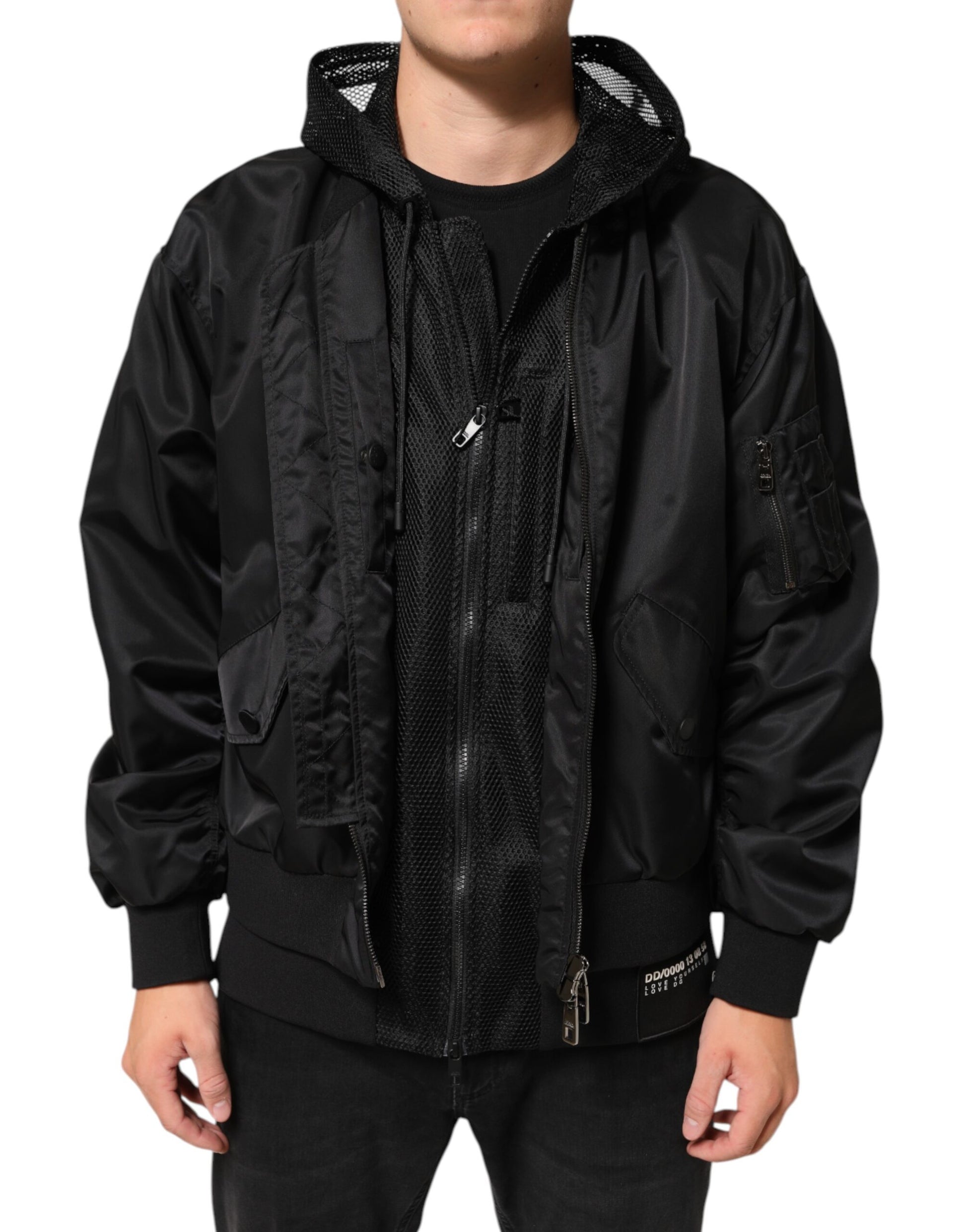 Bomber Homme Dolce & Gabbana Noir en Nylon à Capuche Entièrement Zippé