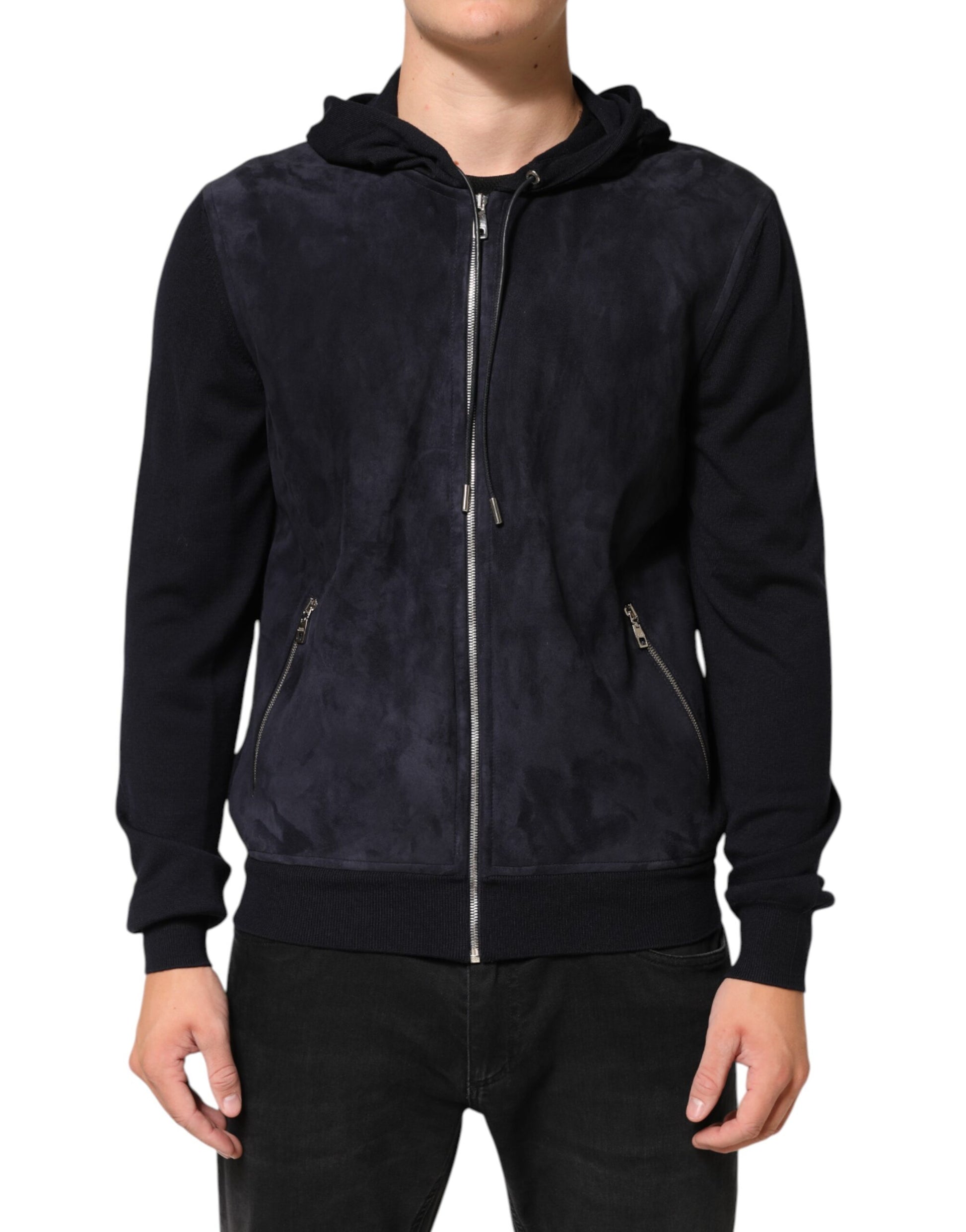 Blouson à capuche Dolce & Gabbana en cuir noir, fermeture éclair intégrale