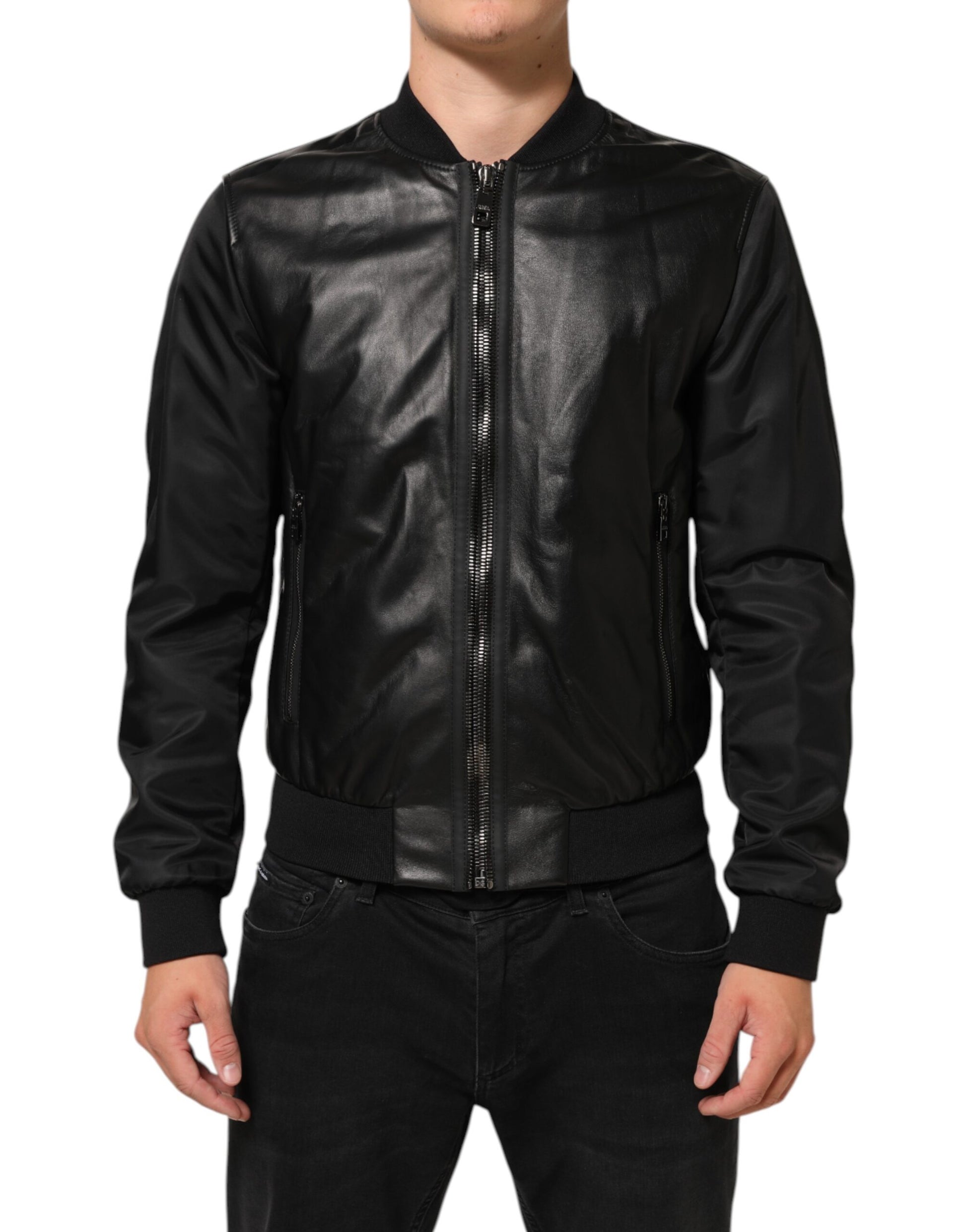 Blouson Dolce & Gabbana en cuir et nylon noir à fermeture éclair intégrale