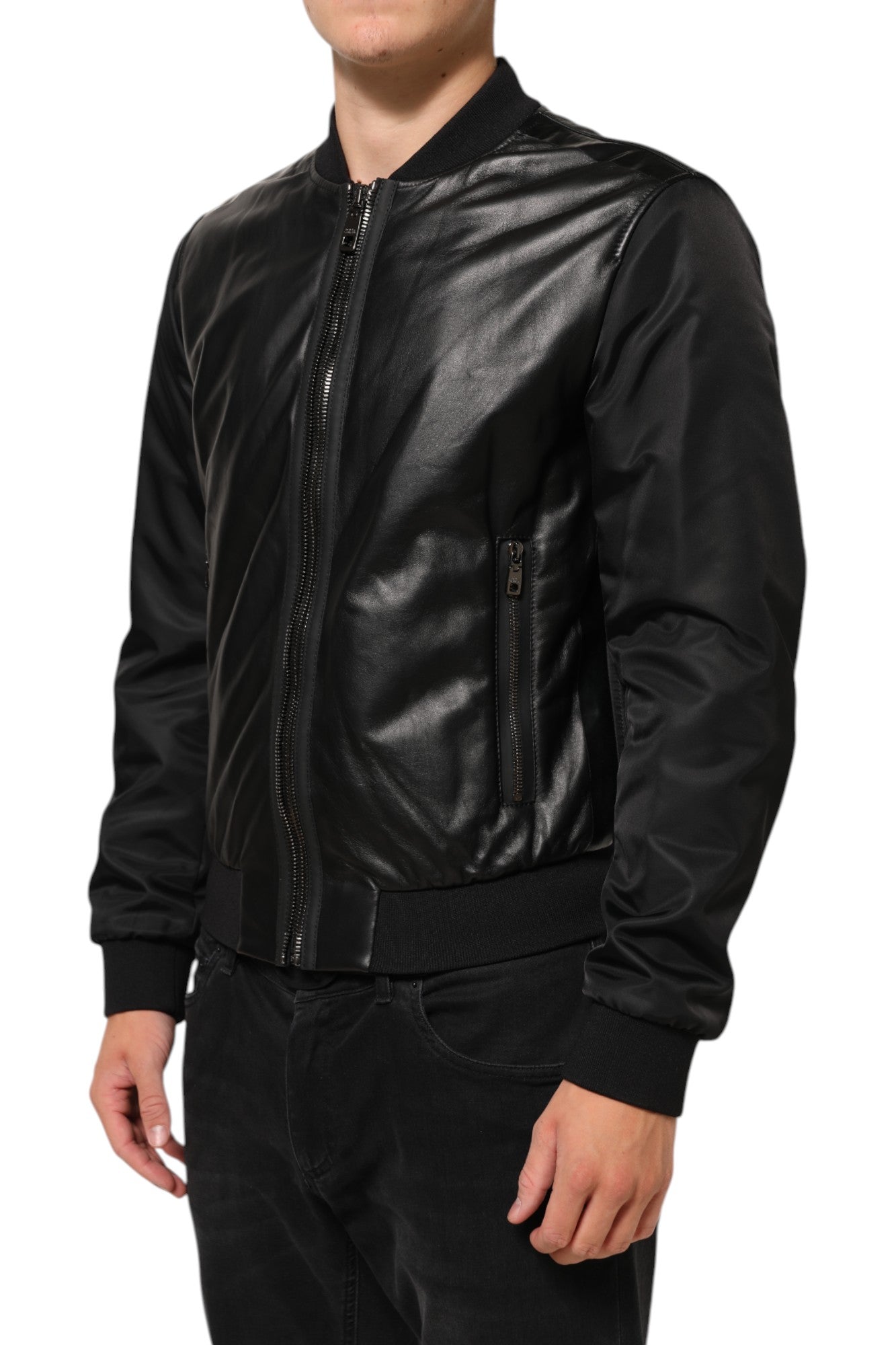 Blouson Dolce & Gabbana en cuir et nylon noir à fermeture éclair intégrale