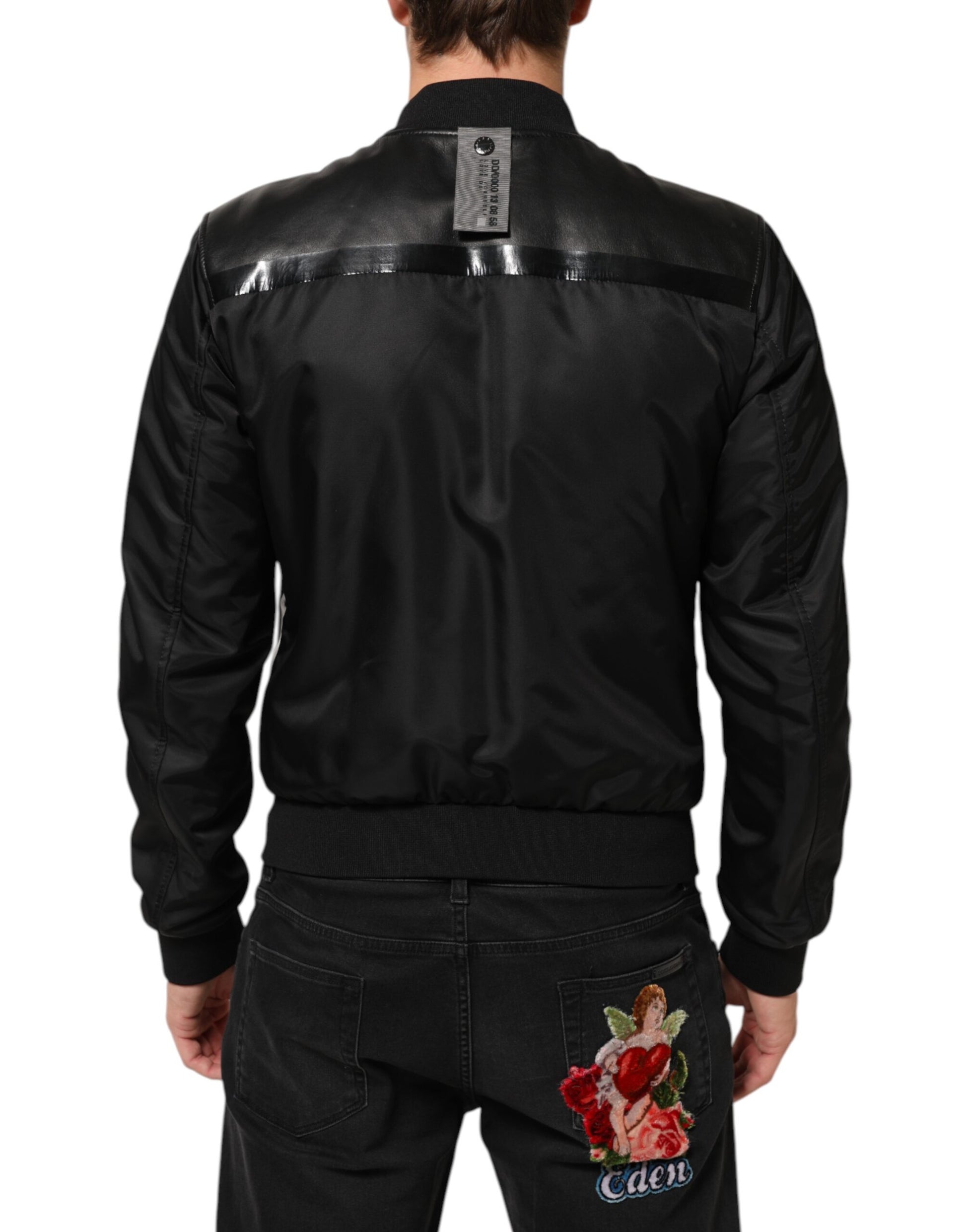 Blouson Dolce & Gabbana en cuir et nylon noir à fermeture éclair intégrale