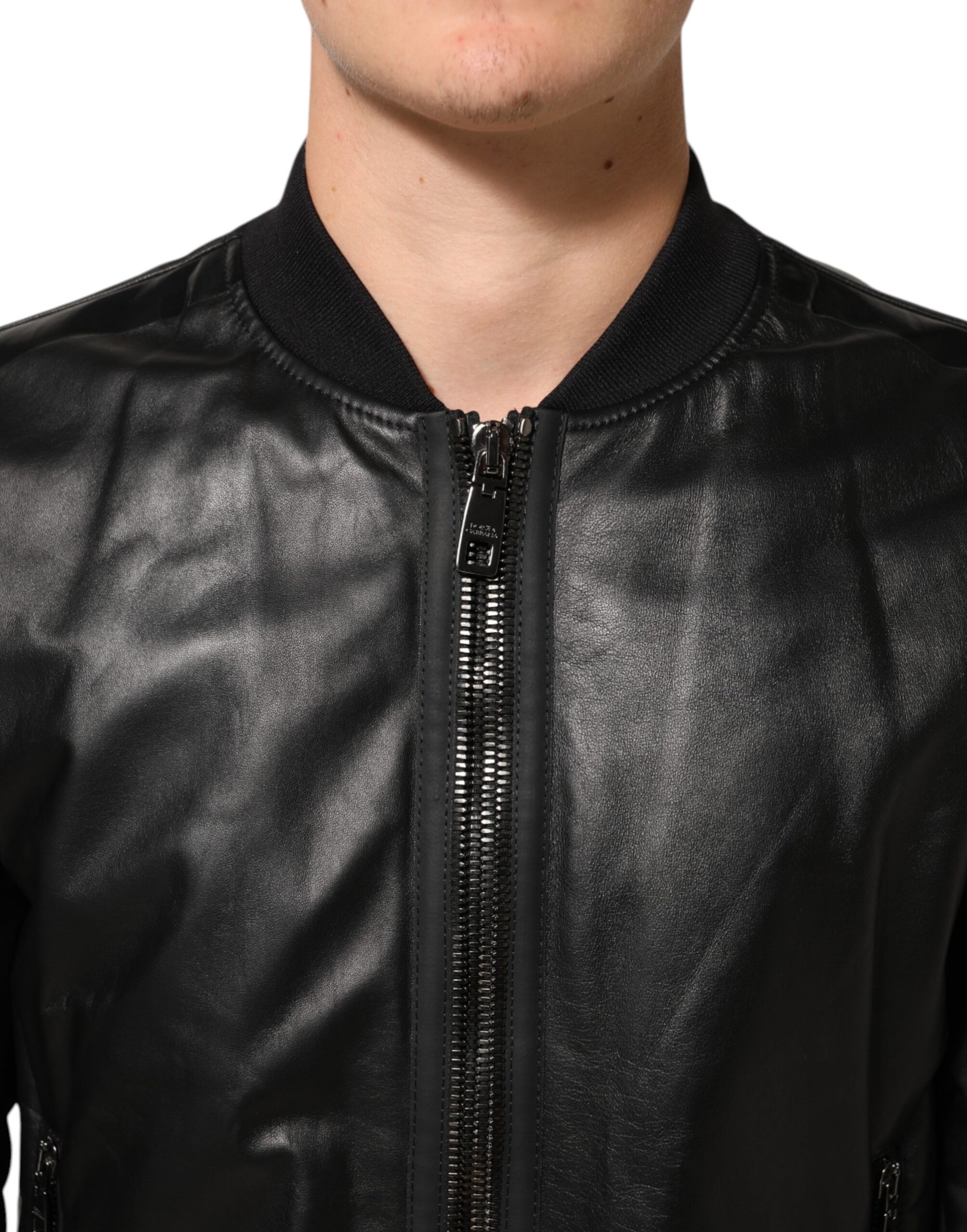 Blouson Dolce & Gabbana en cuir et nylon noir à fermeture éclair intégrale