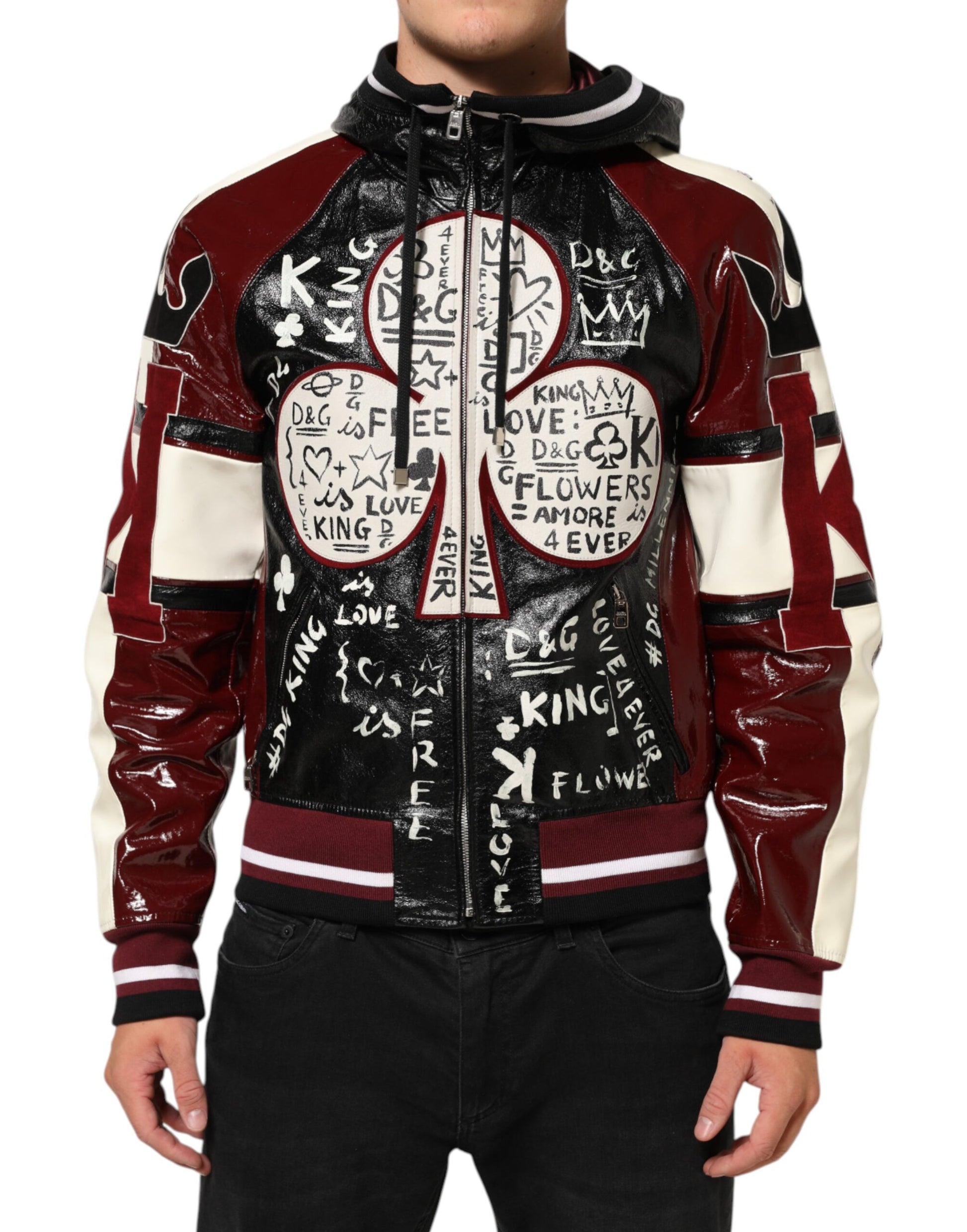 Blouson de motard Dolce & Gabbana en cuir DG King multicolore à capuche pour homme