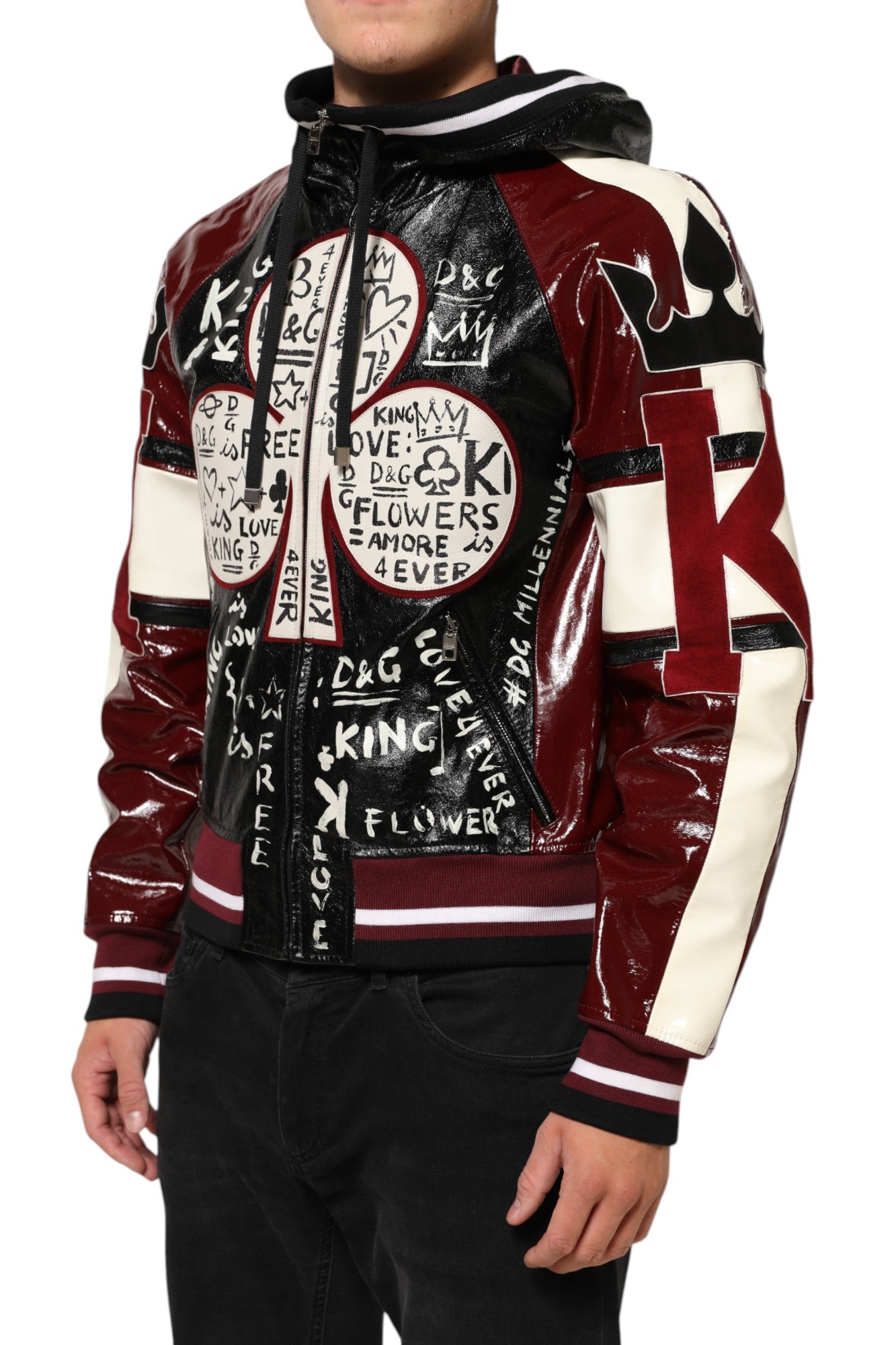 Blouson de motard Dolce & Gabbana en cuir DG King multicolore à capuche pour homme