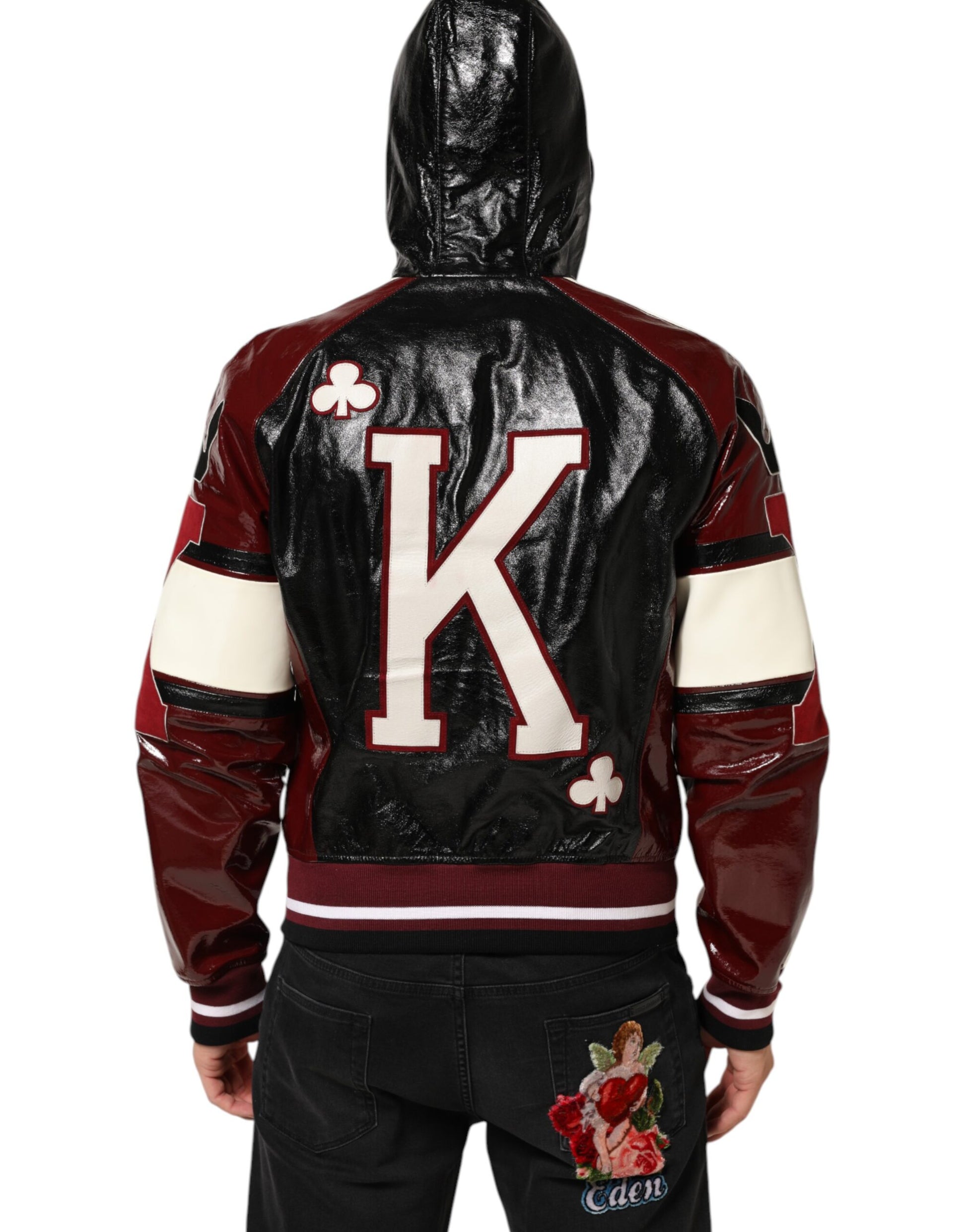 Blouson de motard Dolce & Gabbana en cuir DG King multicolore à capuche pour homme