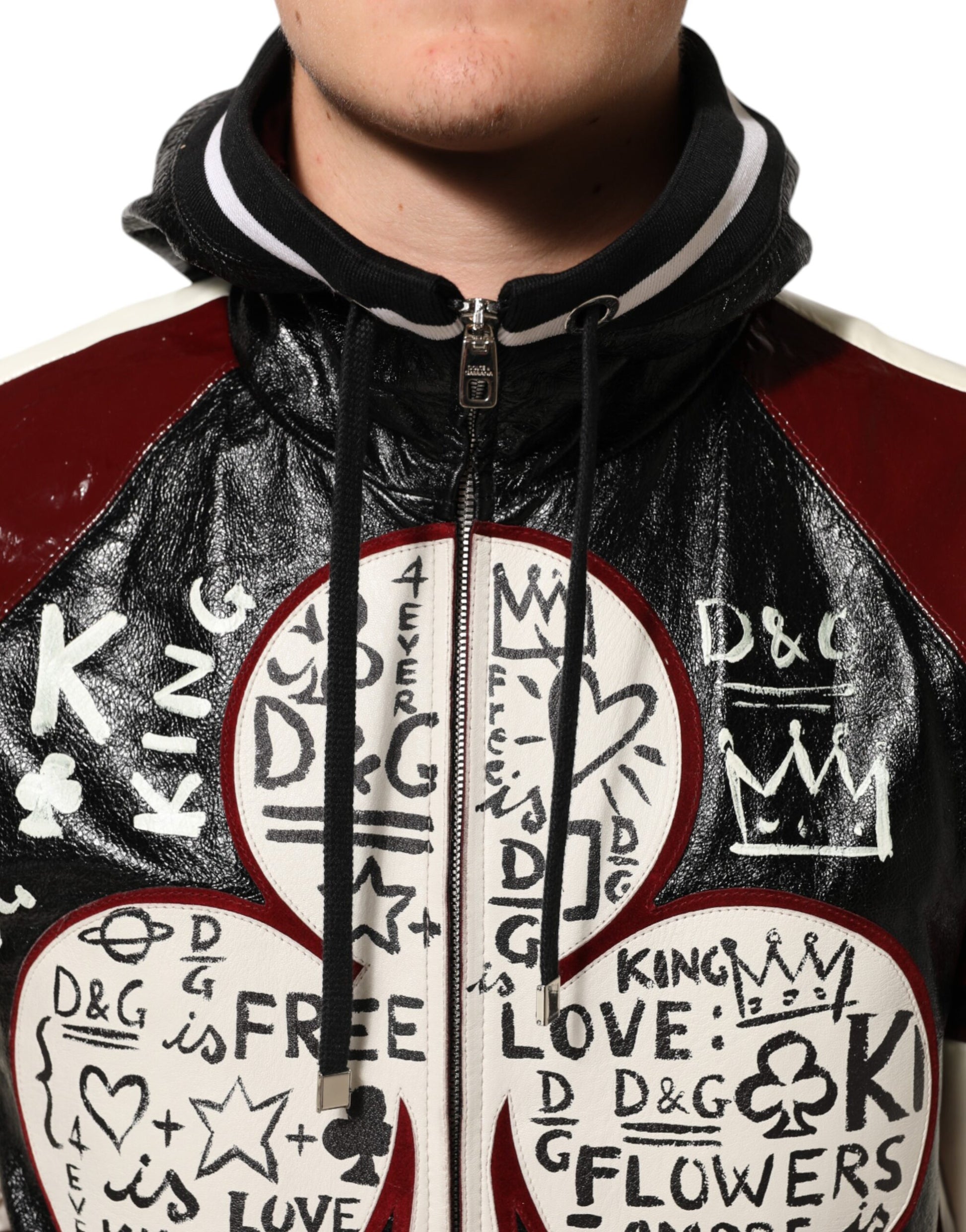Blouson de motard Dolce & Gabbana en cuir DG King multicolore à capuche pour homme